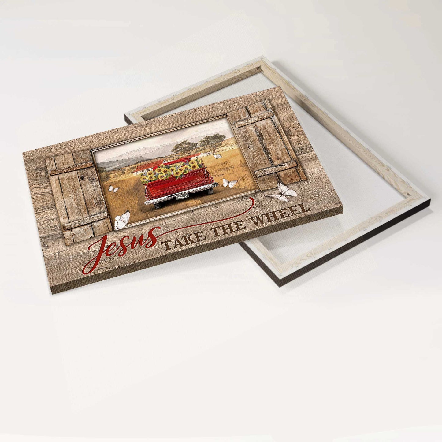 Jesus Landscape Canvas- Red truck painting, Window frame, Countryside landscape- Gift for Christian- Vintage village, Jesus take the wheel - Landscape Canvas Prints, Christian Wall Art