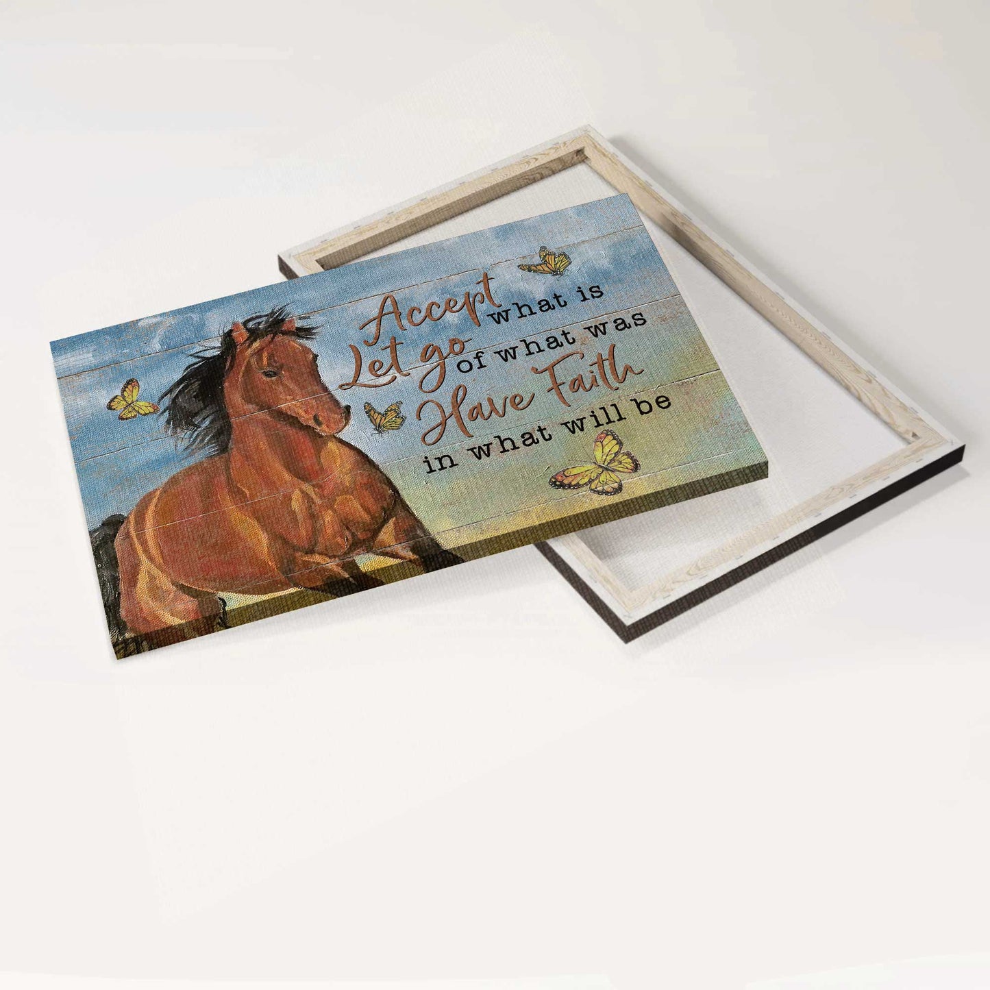 Jesus Landscape Canvas- Amazing Horse Painting, Yellow Butterfly Landscape Canvas- Gift For Christian- Accept What Is Let Go