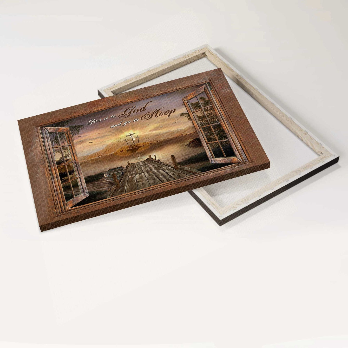 Jesus Landscape Canvas- River painting, The rugged crosses- Gift for Christian- Give it to God and go to sleep - Landscape Canvas Prints, Christian Wall Art