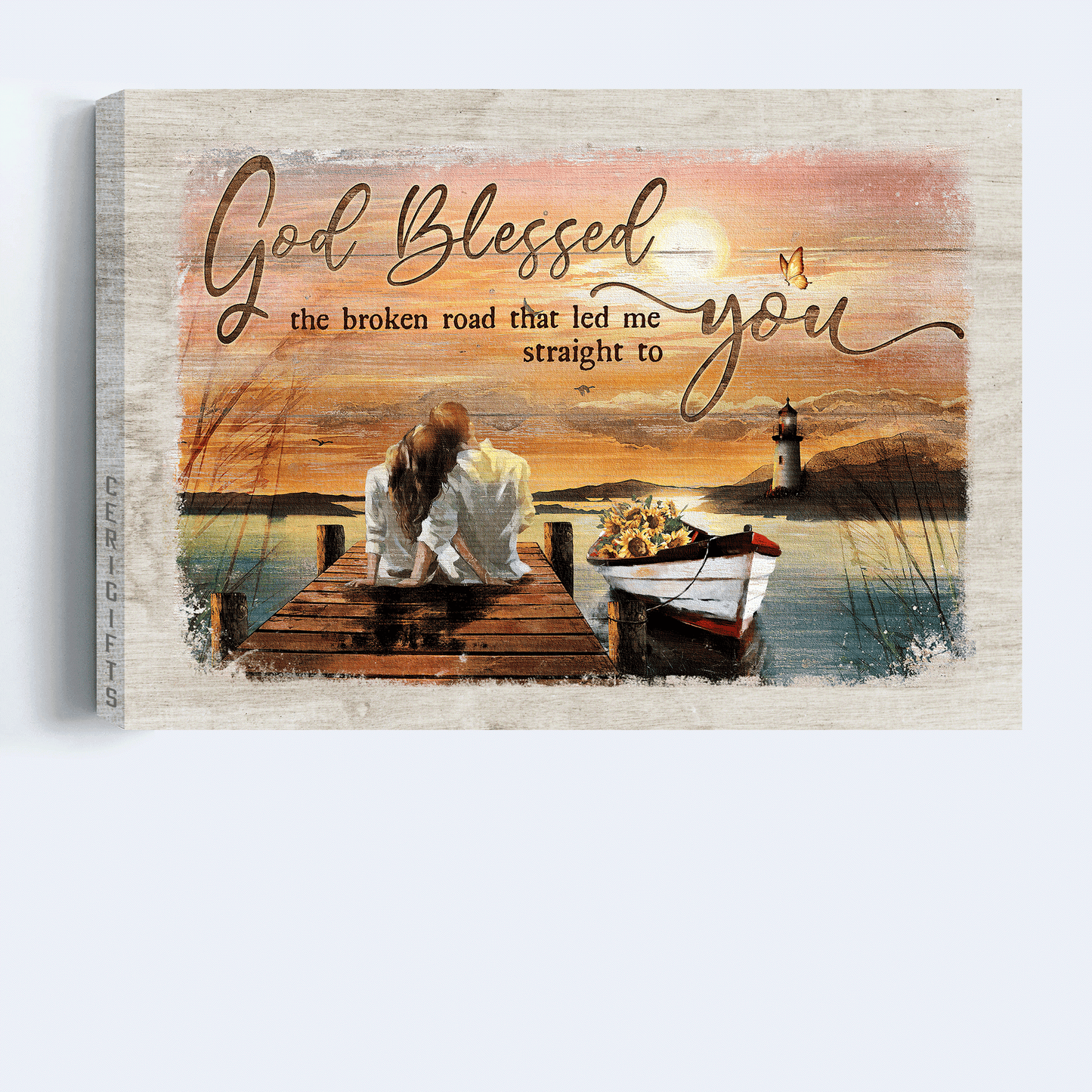 Couple Landscape Canvas- Romantic couple, Sunflower boat, Sunset - Gift for Couple , Lover- God blessed the road that led me to you - Landscape Canvas Prints, Wall Art