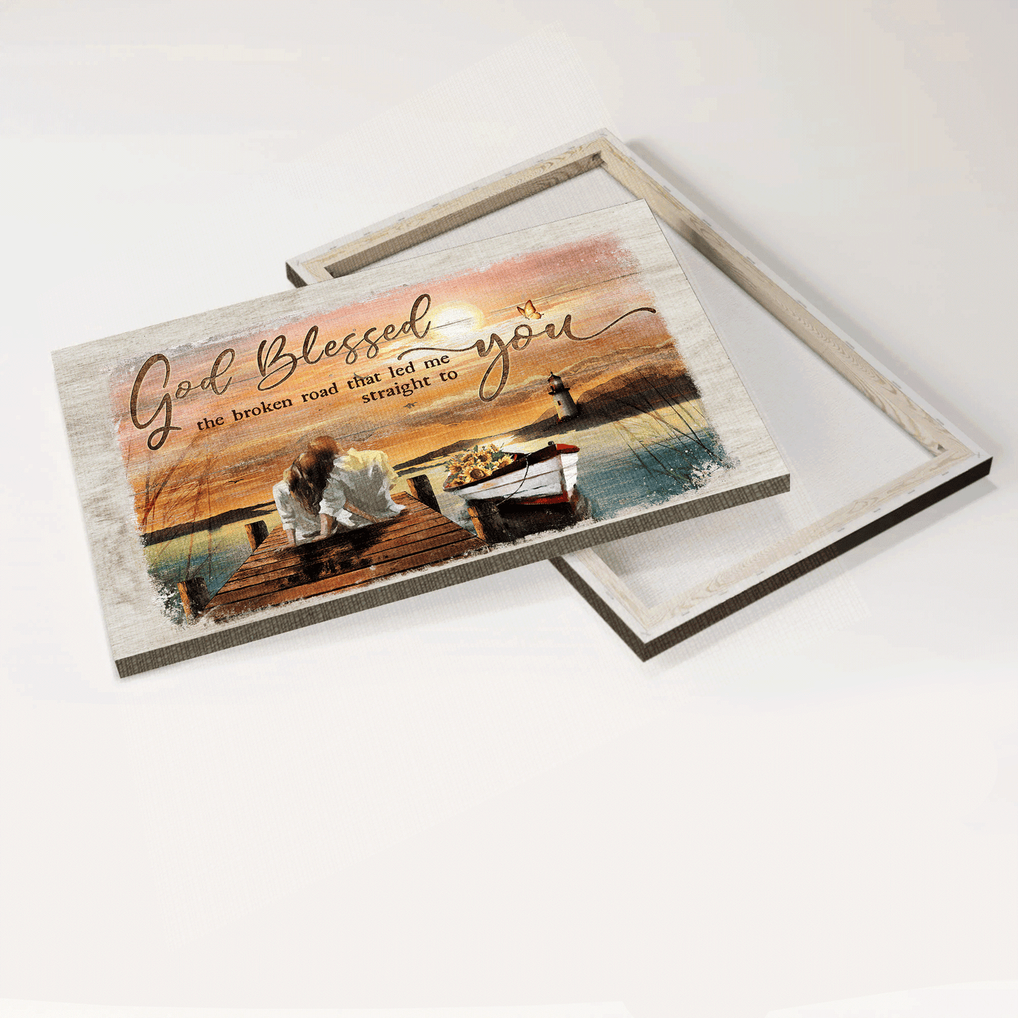 Couple Landscape Canvas- Romantic couple, Sunflower boat, Sunset - Gift for Couple , Lover- God blessed the road that led me to you - Landscape Canvas Prints, Wall Art