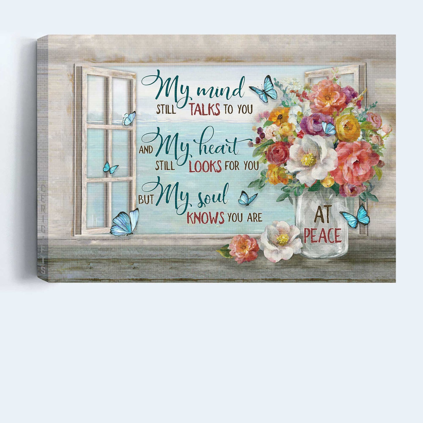 Memorial Landscape Canvas- Rose flower vase, Sea painting, My mind still talks to you- Gift for members family - Heaven Landscape Canvas Prints, Wall Art