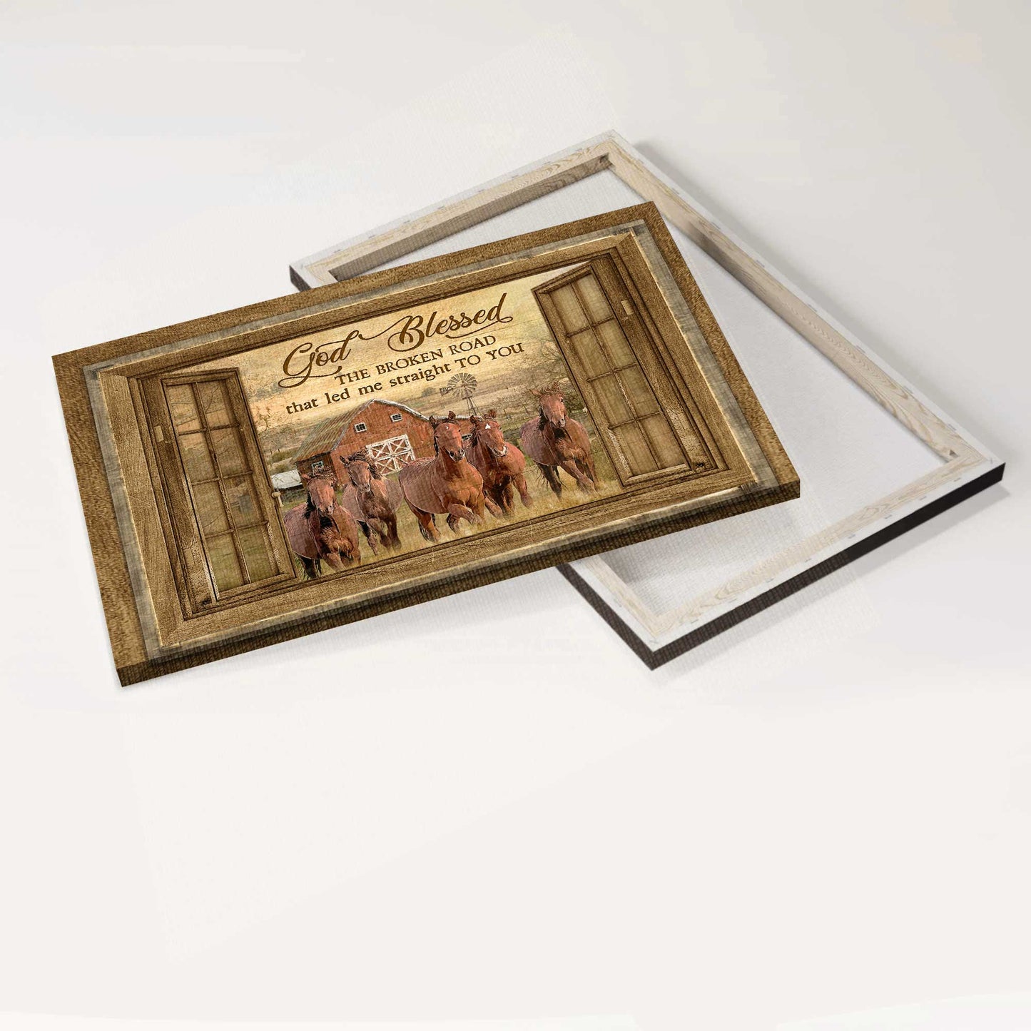 Jesus Landscape Canvas- Running horse, Old window, Beautiful sunset- Gift for Christian- God blessed the broken road that let me straight to you - Landscape Canvas Prints, Christian Wall Art