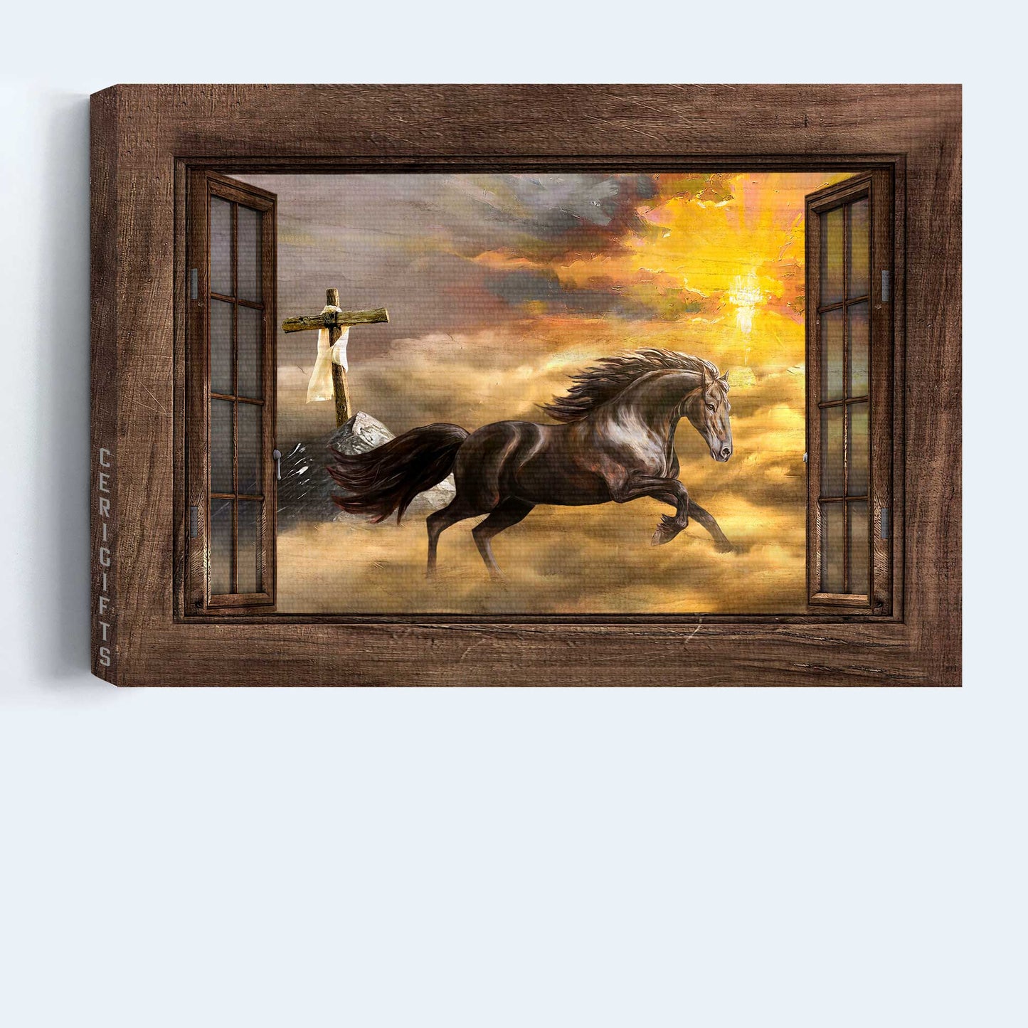 Jesus Landscape Canvas- Running horse, Orange sunset, Wooden cross- Gift for Christian- Way to heaven - Landscape Canvas Prints, Christian Wall Art