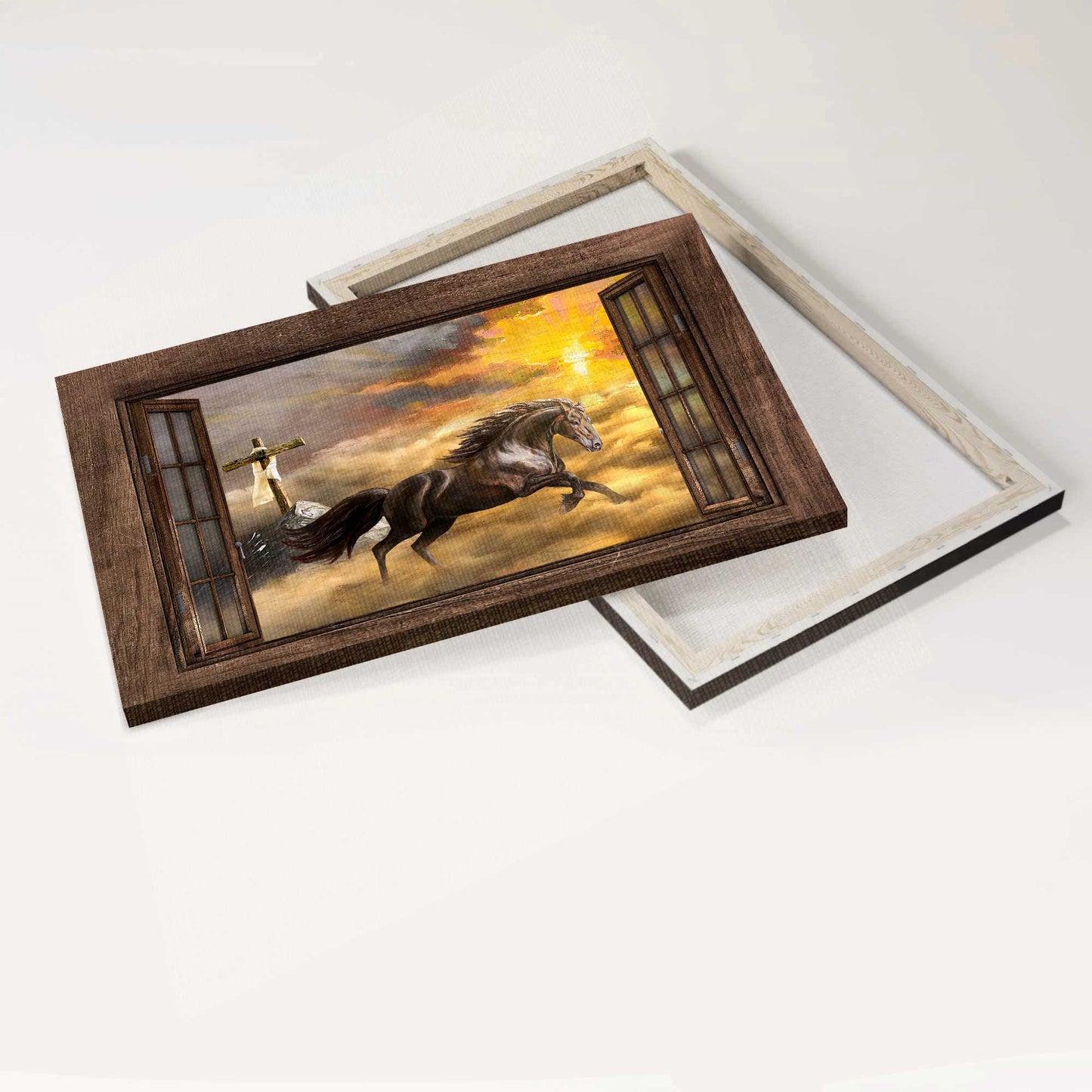 Jesus Landscape Canvas- Running horse, Orange sunset, Wooden cross- Gift for Christian- Way to heaven - Landscape Canvas Prints, Christian Wall Art