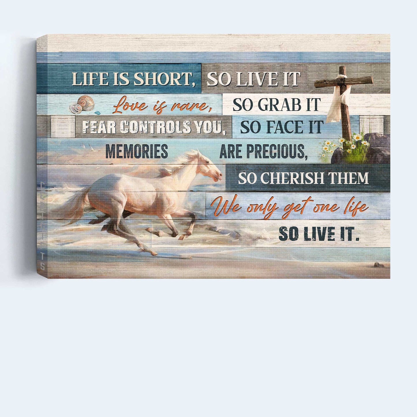 Jesus Landscape Canvas- Running horse, Wooden Cross- Gift for Christian- We only get one life so live it - Landscape Canvas Prints, Wall Art