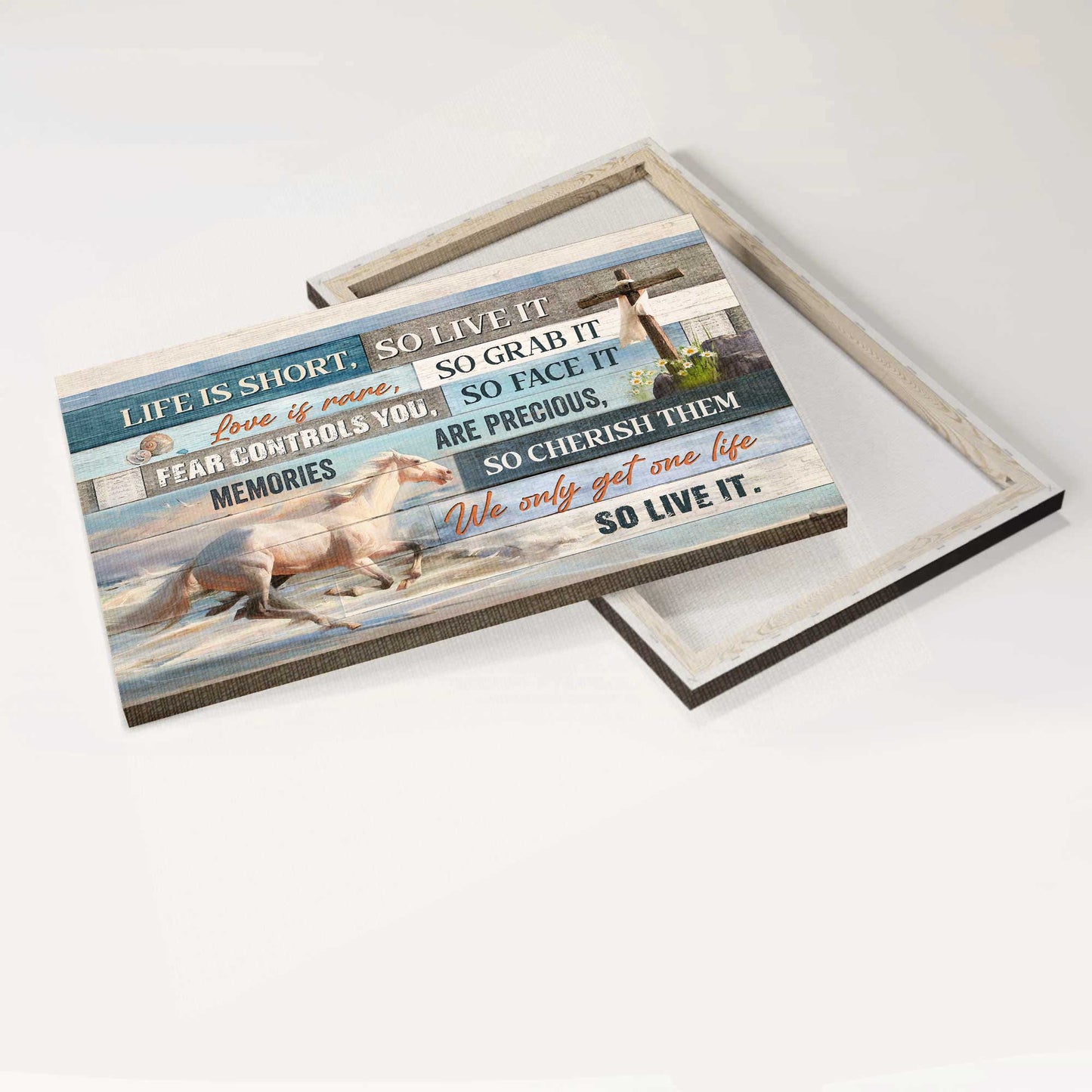 Jesus Landscape Canvas- Running horse, Wooden Cross- Gift for Christian- We only get one life so live it - Landscape Canvas Prints, Wall Art