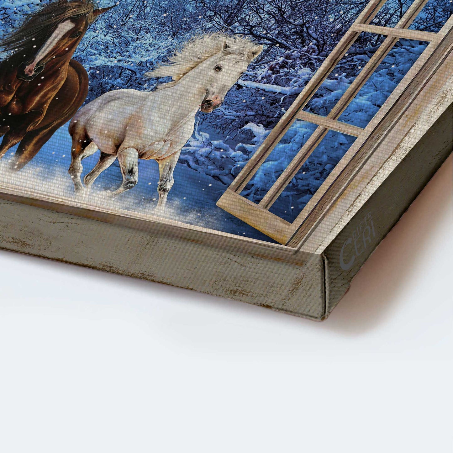 Jesus Landscape Canvas- Running horses, Blue night, Crystal cross, Winter forest canvas- Gift for Christian - Landscape Canvas Prints, Christian Wall Art