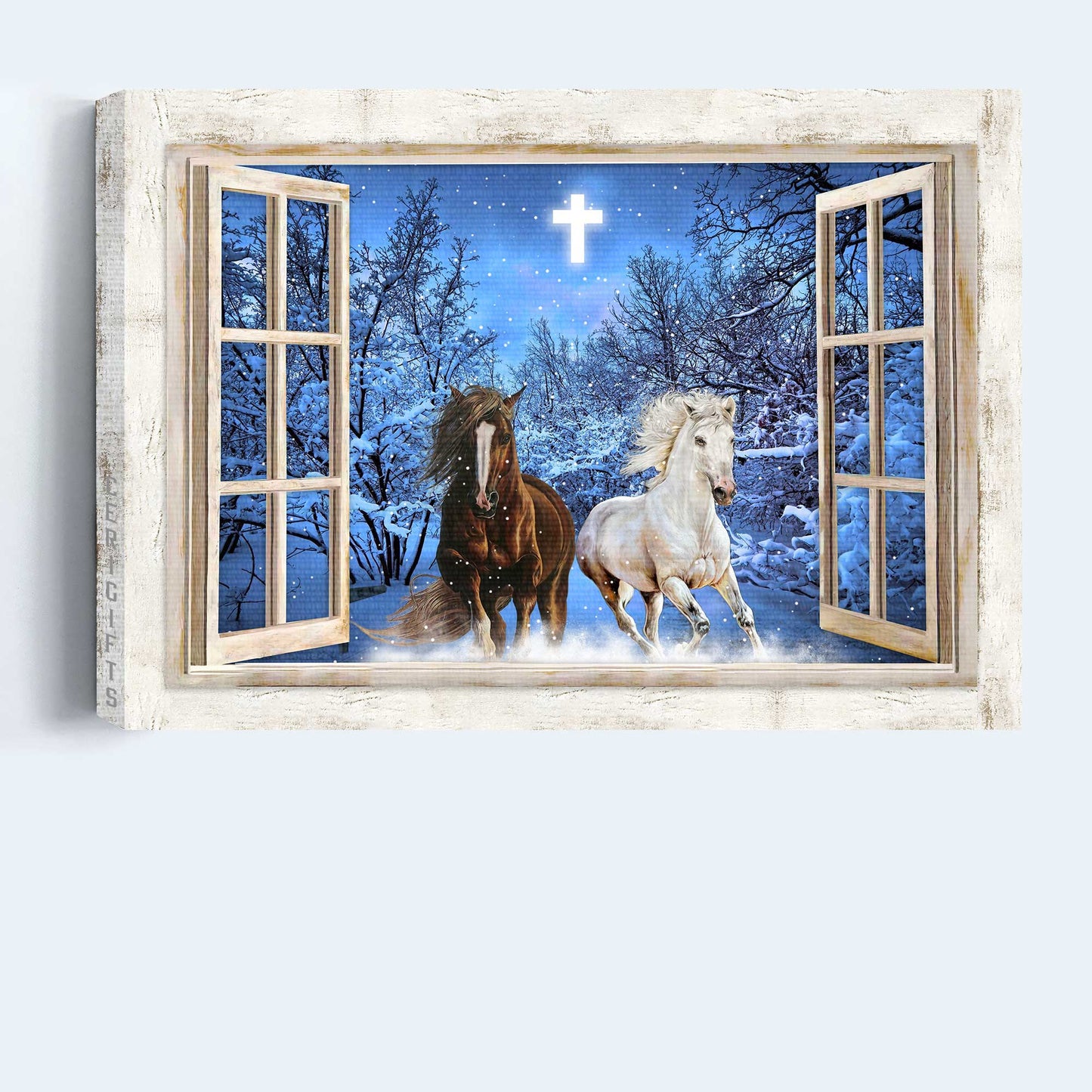 Jesus Landscape Canvas- Running horses, Blue night, Crystal cross, Winter forest canvas- Gift for Christian - Landscape Canvas Prints, Christian Wall Art
