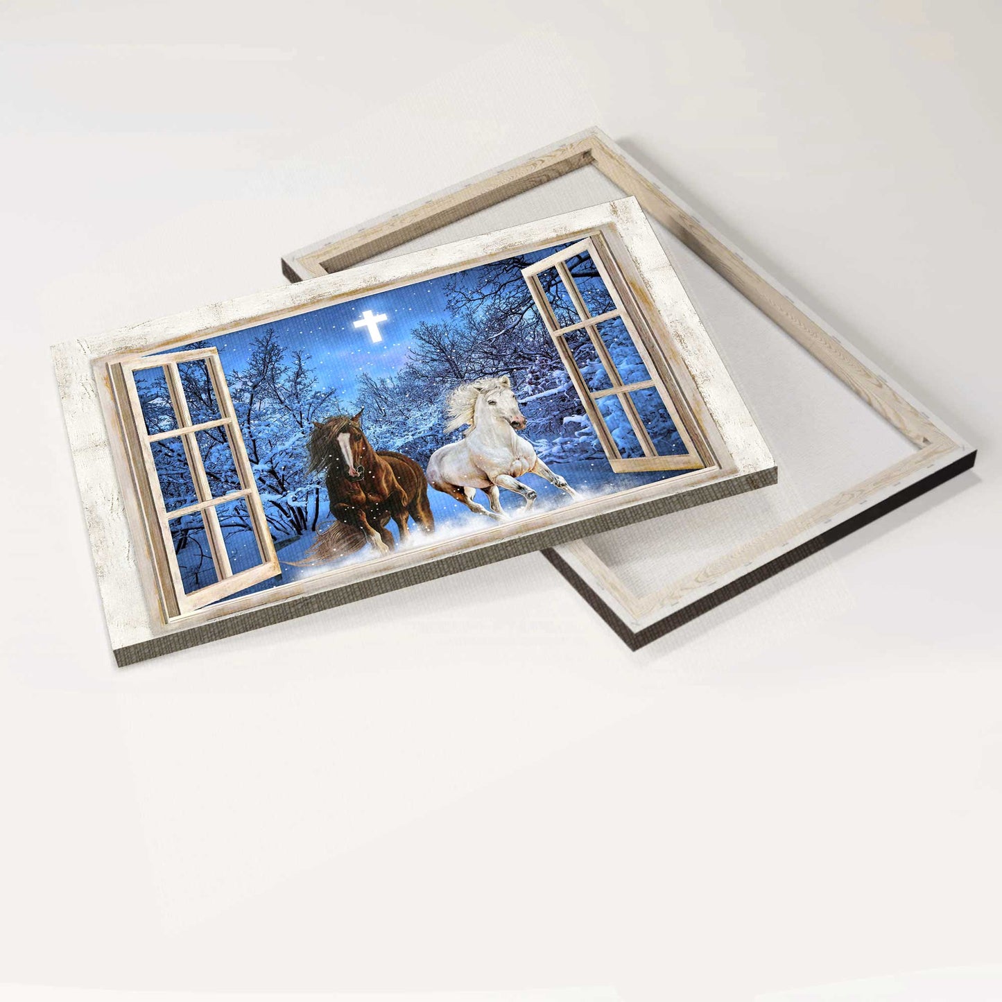 Jesus Landscape Canvas- Running horses, Blue night, Crystal cross, Winter forest canvas- Gift for Christian - Landscape Canvas Prints, Christian Wall Art