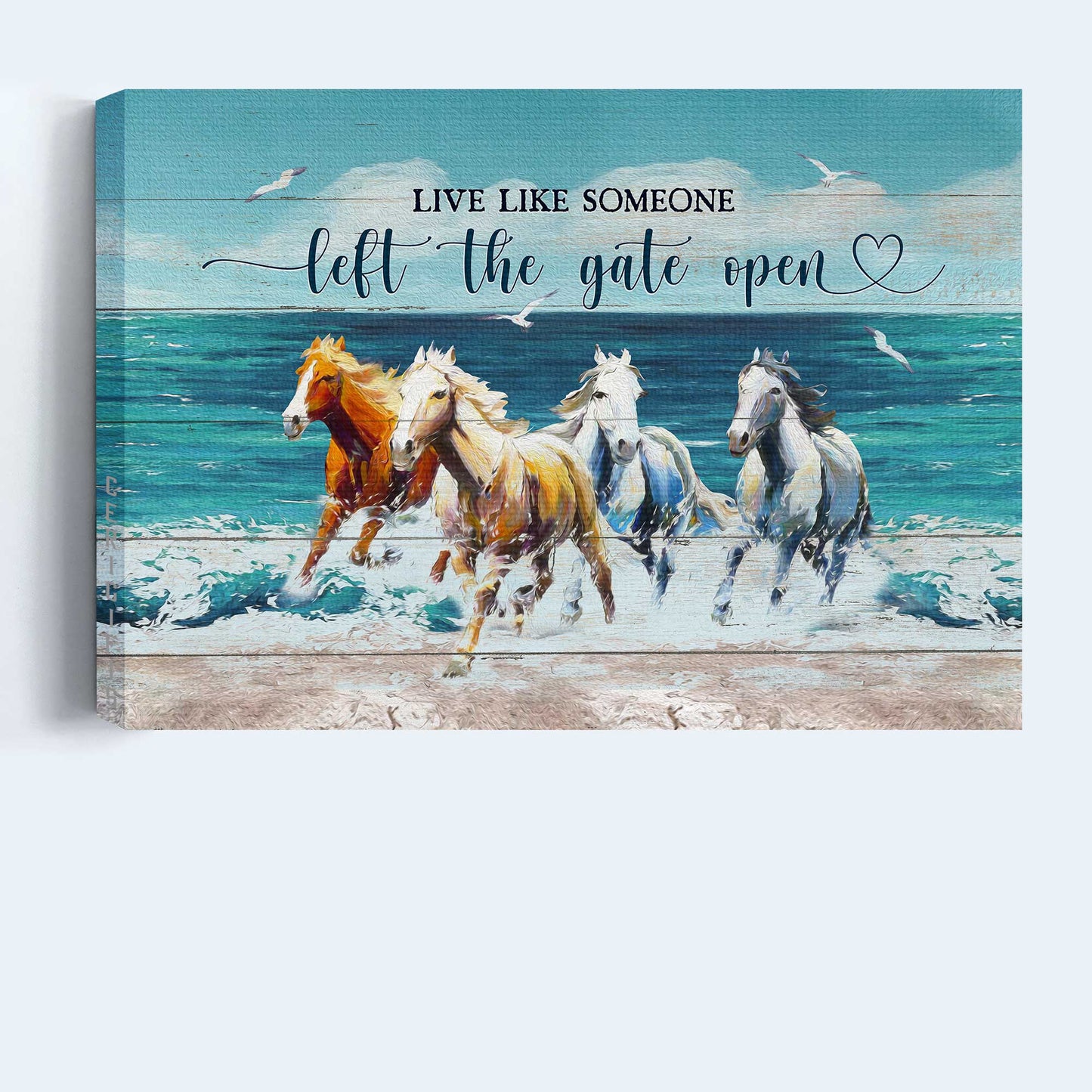 Jesus Landscape Canvas- Running horses, Blue ocean, Seagull canvas- Gift for Christian- Live like someone left the gate open - Landscape Canvas Prints, Christian Wall Art