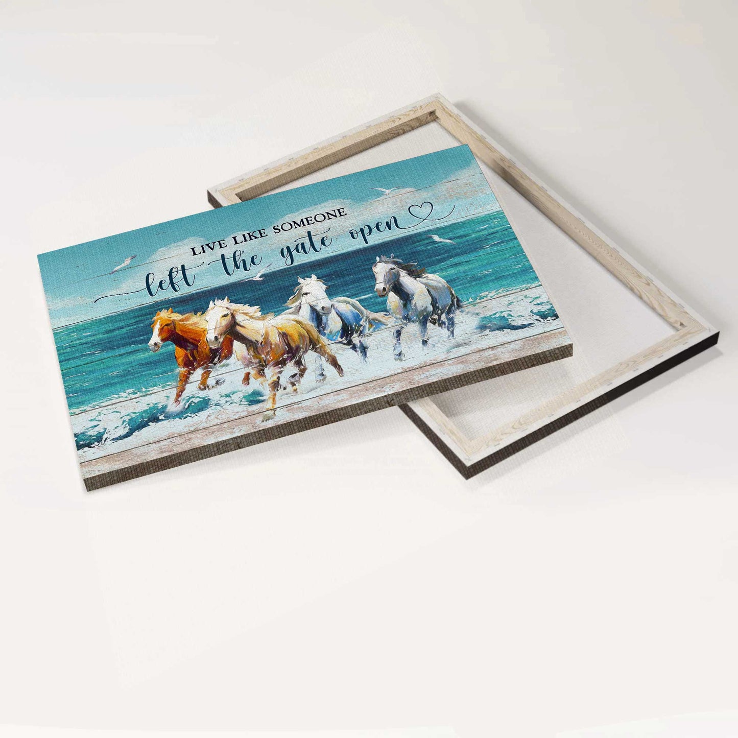 Jesus Landscape Canvas- Running horses, Blue ocean, Seagull canvas- Gift for Christian- Live like someone left the gate open - Landscape Canvas Prints, Christian Wall Art