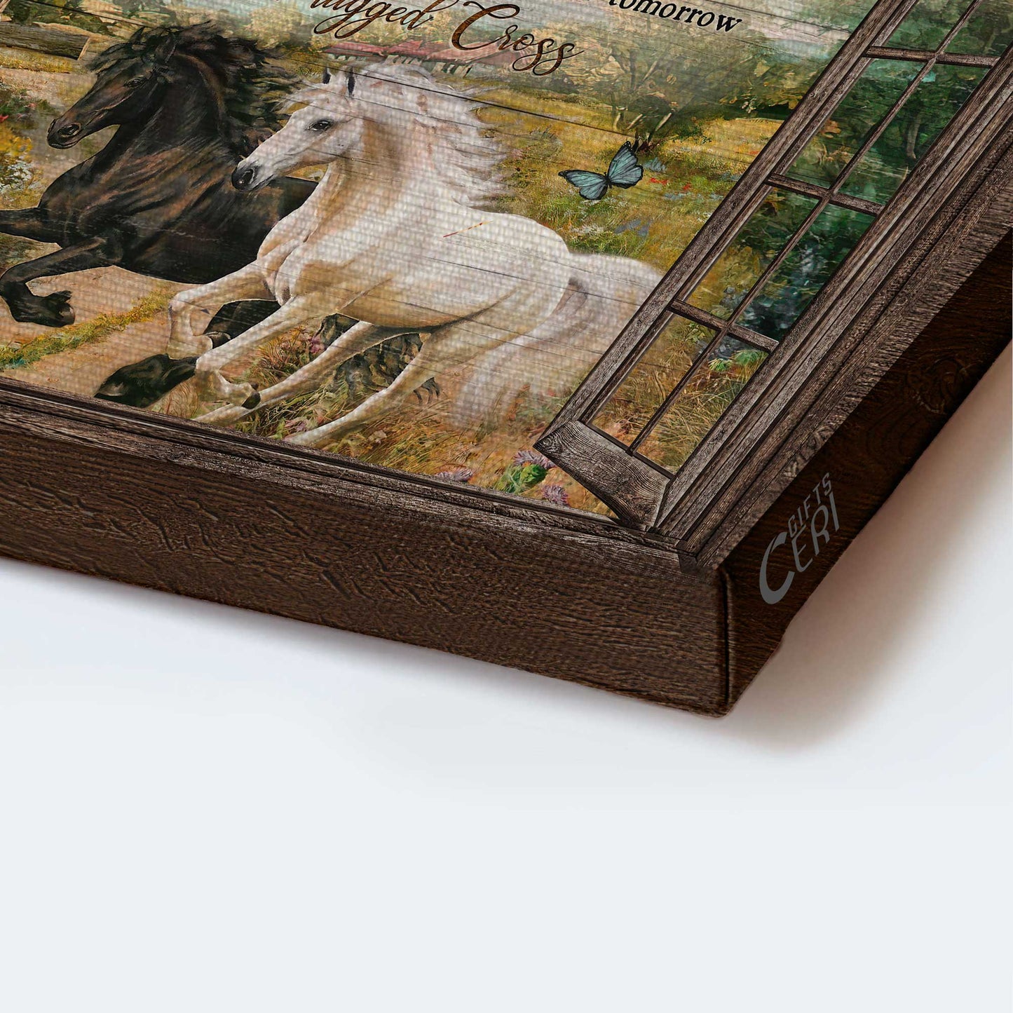 Jesus Landscape Canvas- Running horses, Brilliant flower field, Blue butterfly, Wooden cross, Spring painting- Gift for Christian- I still believe in amazing grace - Landscape Canvas Prints, Christian Wall Art