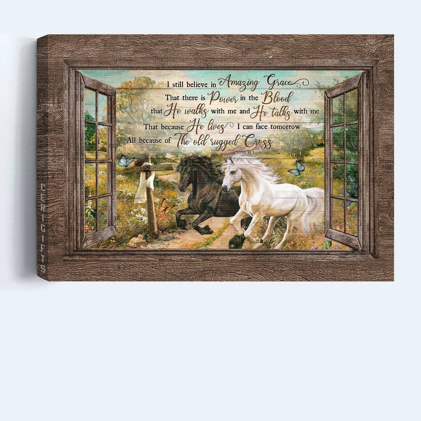Jesus Landscape Canvas- Running horses, Brilliant flower field, Blue butterfly, Wooden cross, Spring painting- Gift for Christian- I still believe in amazing grace - Landscape Canvas Prints, Christian Wall Art