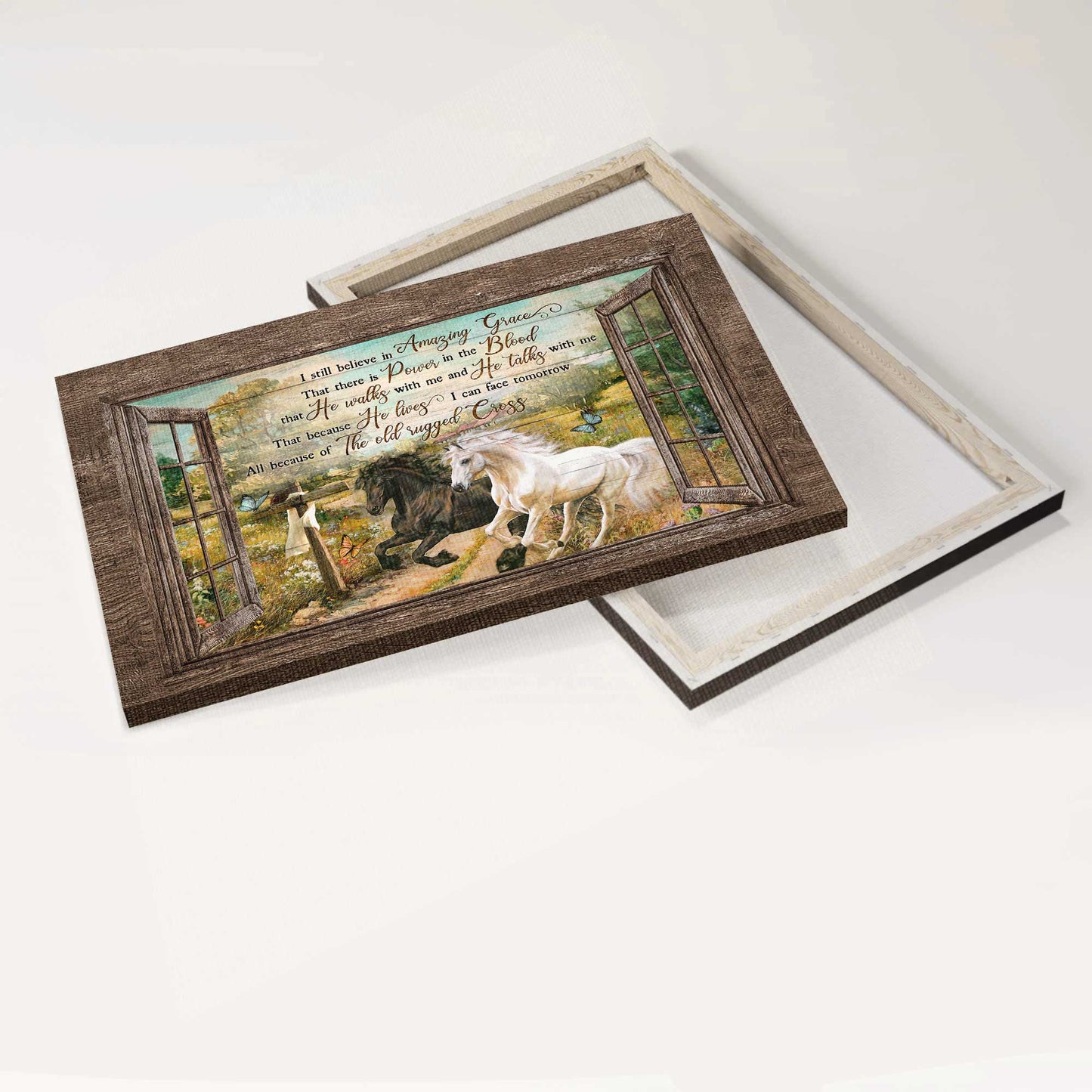 Jesus Landscape Canvas- Running horses, Brilliant flower field, Blue butterfly, Wooden cross, Spring painting- Gift for Christian- I still believe in amazing grace - Landscape Canvas Prints, Christian Wall Art
