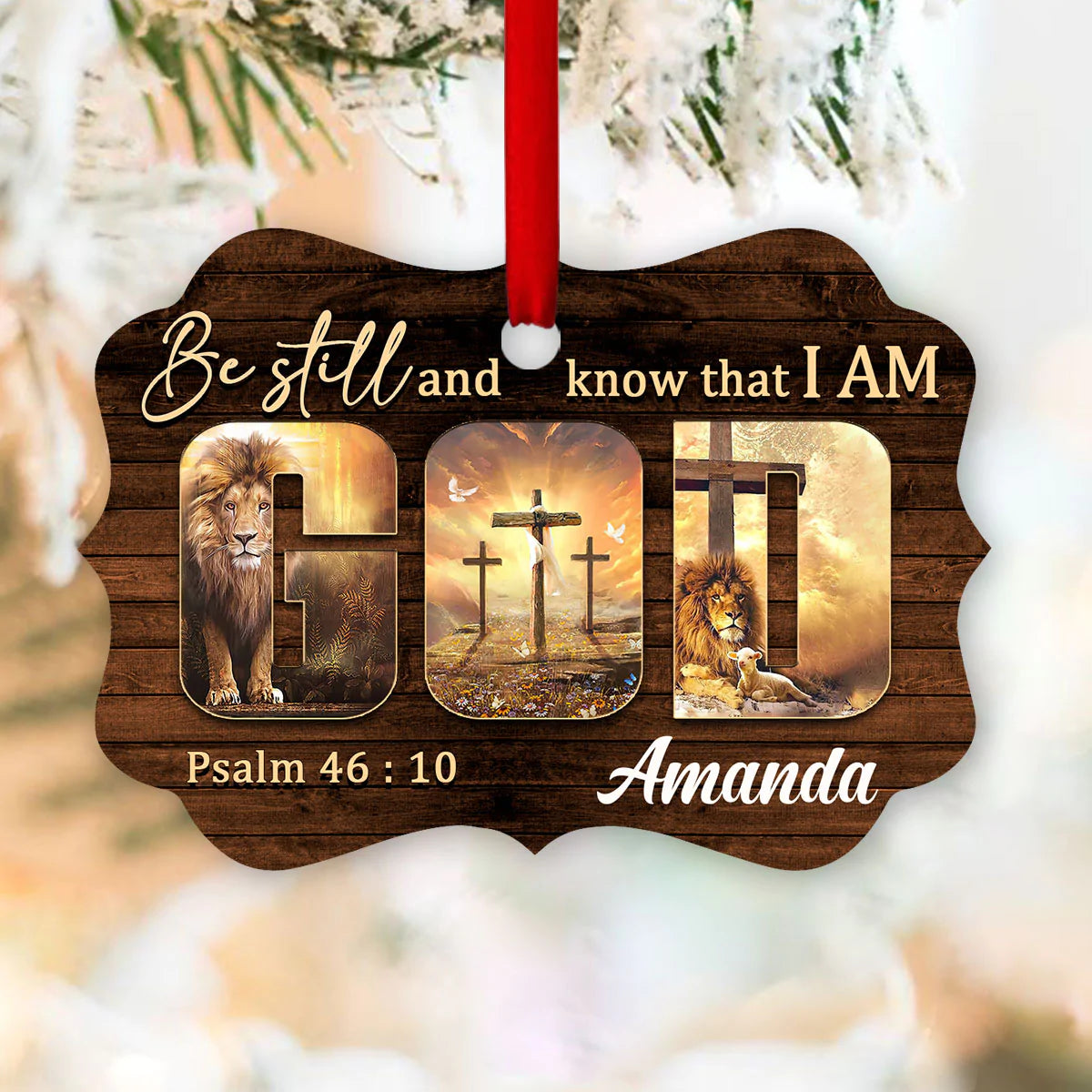 Jesus Aluminum Ornament - Personalized Cross And Lion Aluminium Ornament - Custom Gift For Christian - Be Still And Know That I Am God Aluminum Ornament