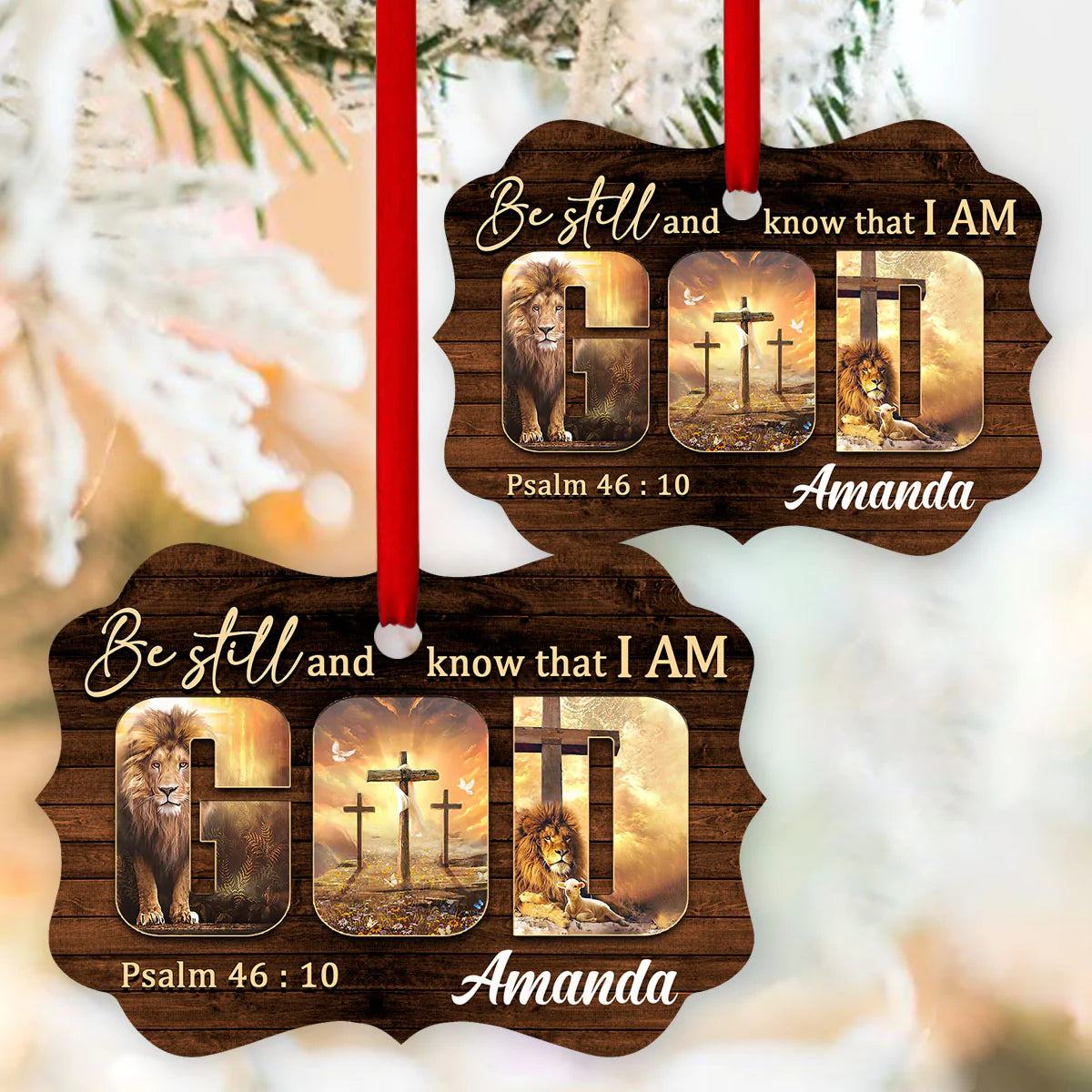 Jesus Aluminum Ornament - Personalized Cross And Lion Aluminium Ornament - Custom Gift For Christian - Be Still And Know That I Am God Aluminum Ornament