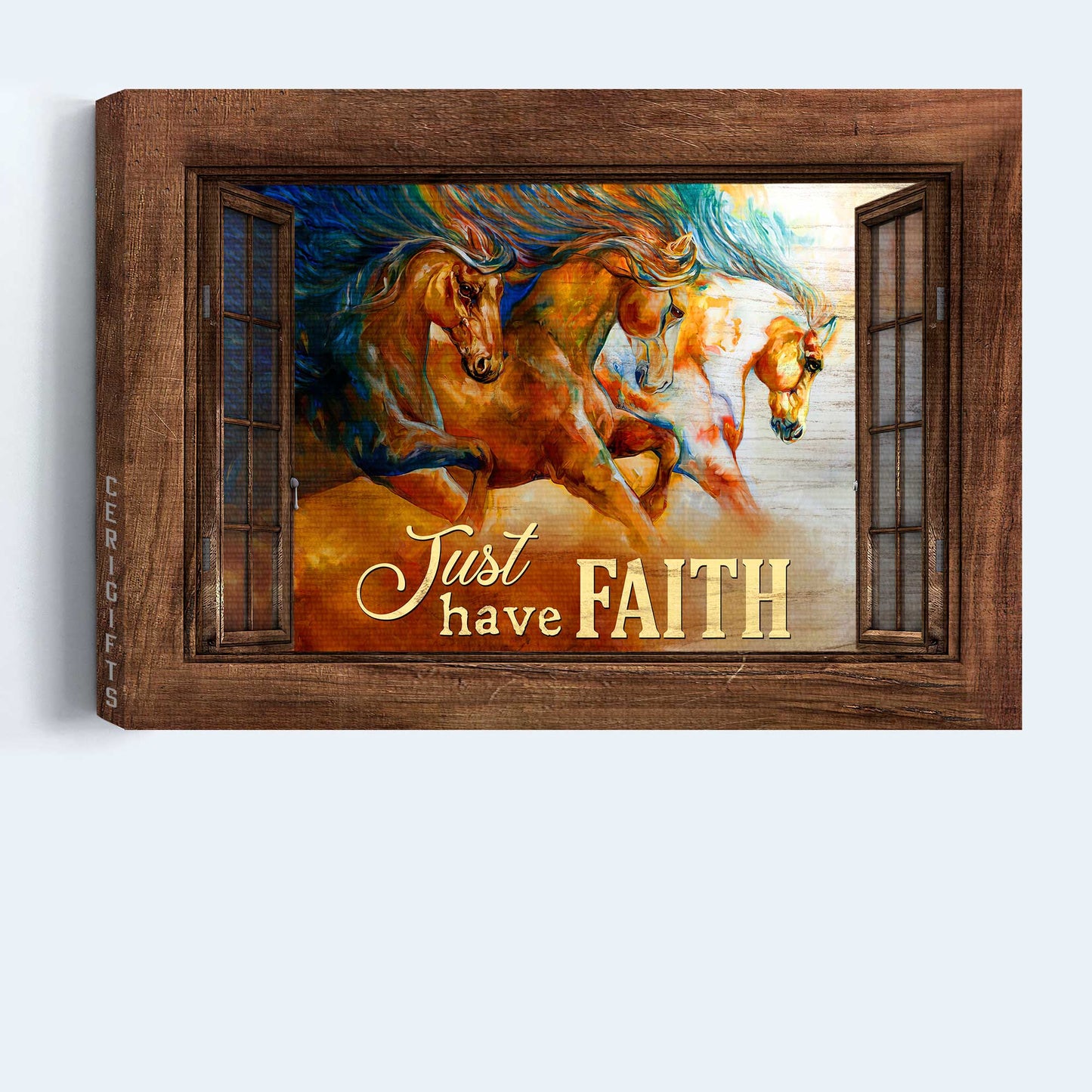 Jesus Landscape Canvas- Running horses, Watercolor painting, Wooden window, Just have faith- Gift for Christian - Landscape Canvas Prints, Christian Wall Art