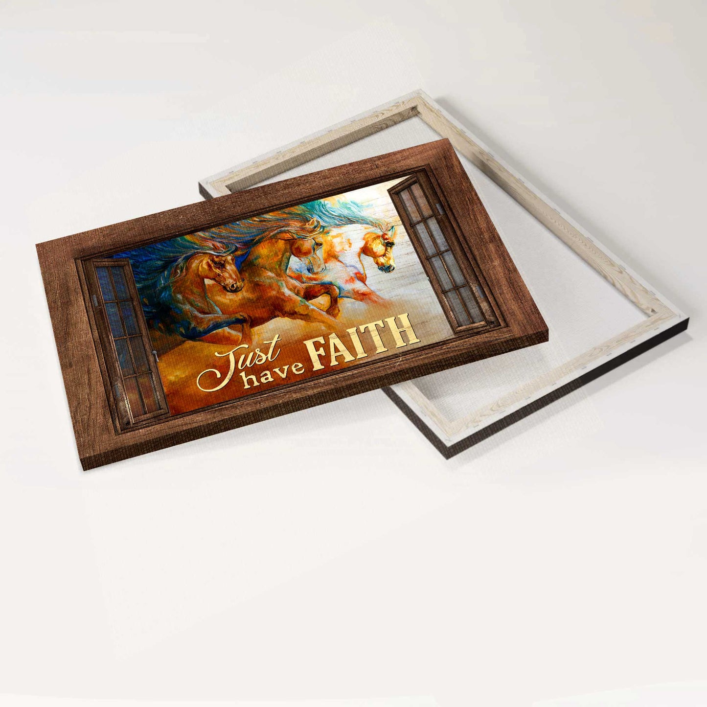 Jesus Landscape Canvas- Running horses, Watercolor painting, Wooden window, Just have faith- Gift for Christian - Landscape Canvas Prints, Christian Wall Art