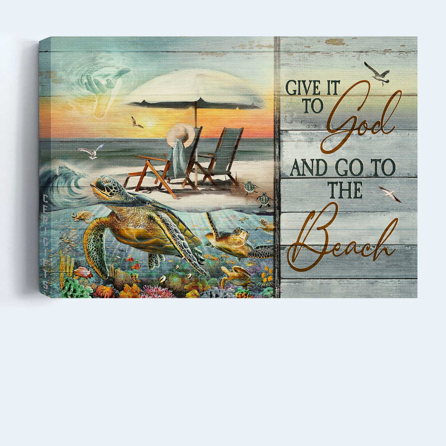 Jesus Landscape Canvas- Sea turtle, Coral reef, Jesus hand, Ocean view- Gift for Christian- Give it to God - Landscape Canvas Prints, Christian Wall Art