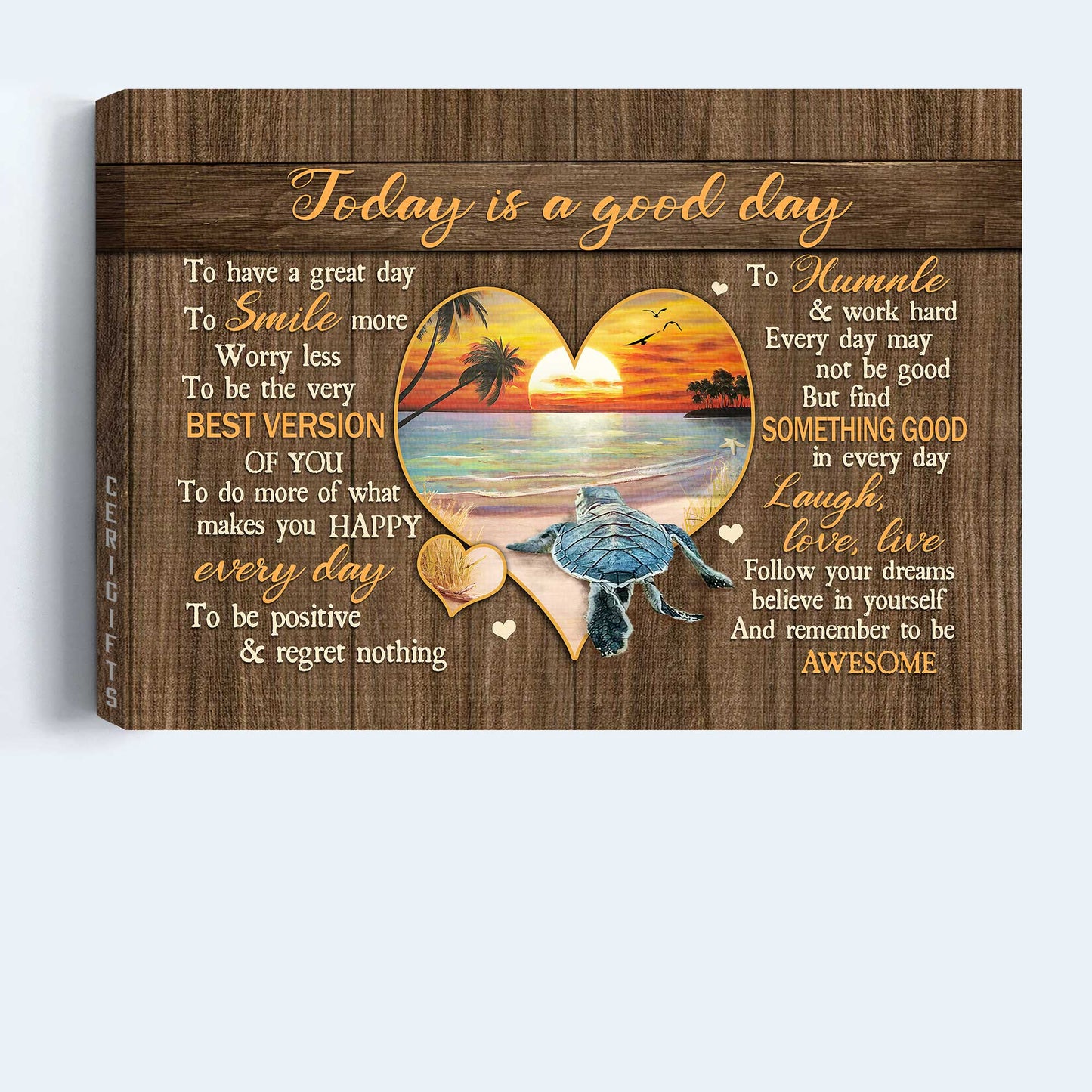 Jesus Landscape Canvas- Sea turtle, Heart shaped, Sunset on the beach- Gift for Christian- Today is a good day, Remember to be awesome - Family Landscape Canvas Prints, Wall Art