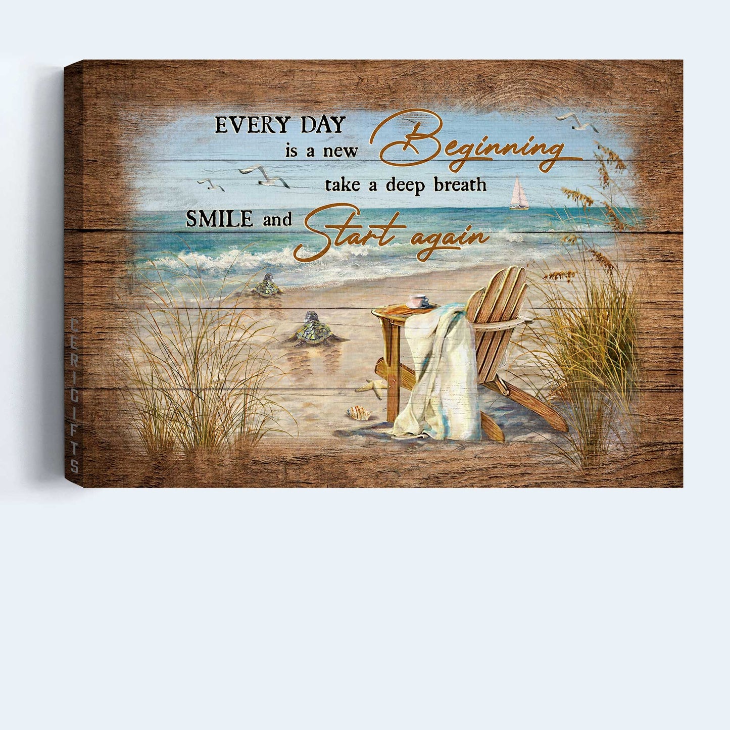 Jesus Landscape Canvas- Sea Turtle, On the beach, Wooden chair canvas- Gift for Christian- Every day is a new beginning - Landscape Canvas Prints, Wall Art
