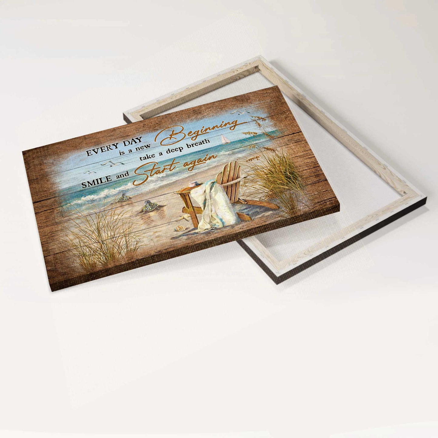 Jesus Landscape Canvas- Sea Turtle, On the beach, Wooden chair canvas- Gift for Christian- Every day is a new beginning - Landscape Canvas Prints, Wall Art