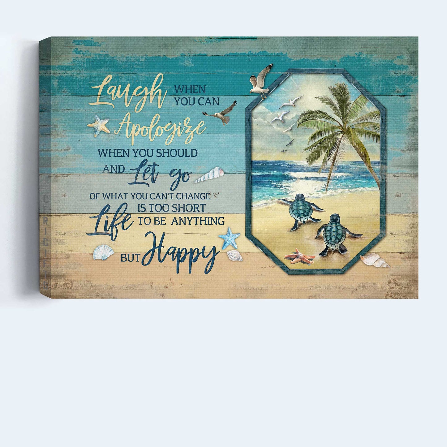 Jesus Landscape Canvas- Sea turtle, Sand beach painting- Gift for Christian- Life is too short to be anything but happy - Turtle Landscape Canvas Prints, Wall Art