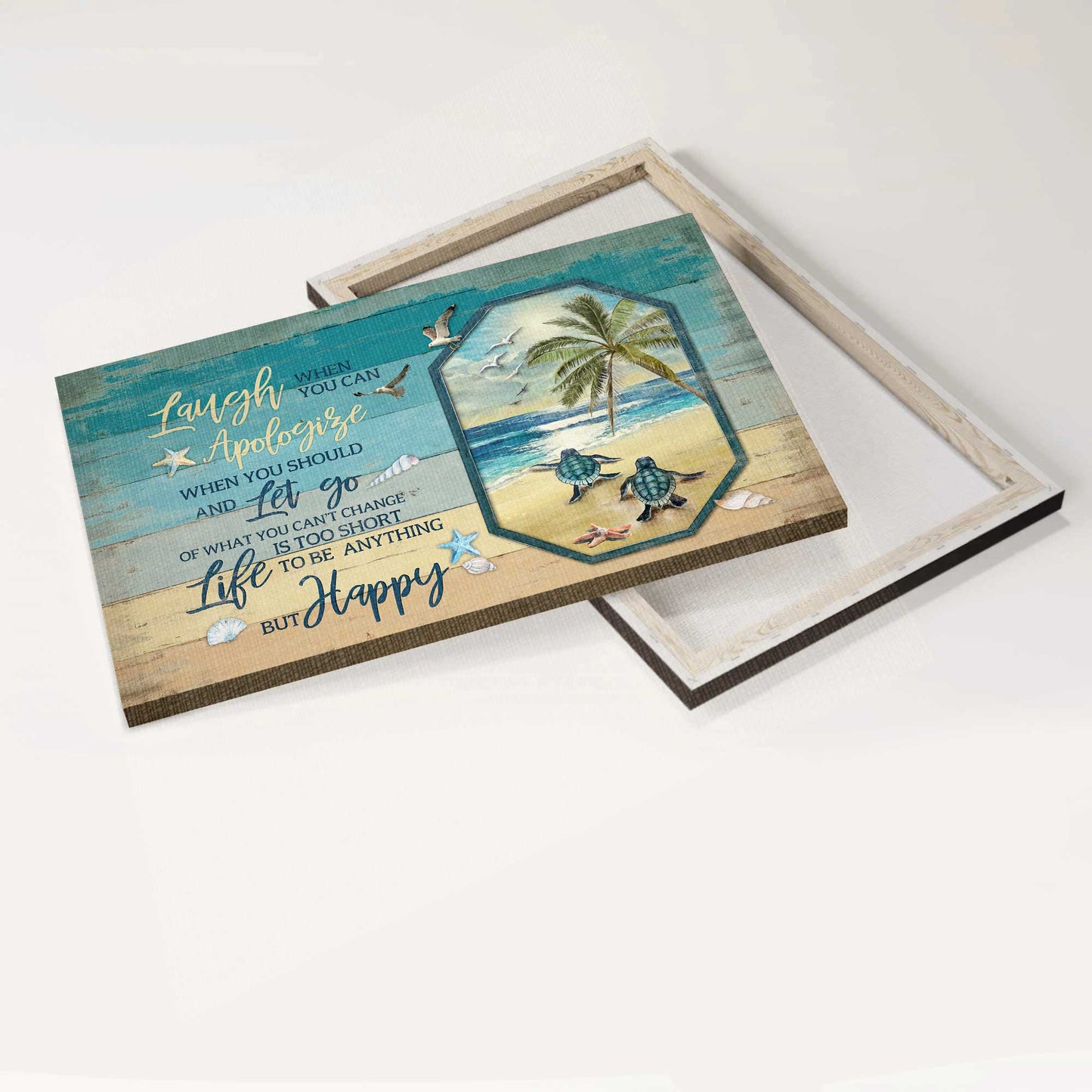 Jesus Landscape Canvas- Sea turtle, Sand beach painting- Gift for Christian- Life is too short to be anything but happy - Turtle Landscape Canvas Prints, Wall Art