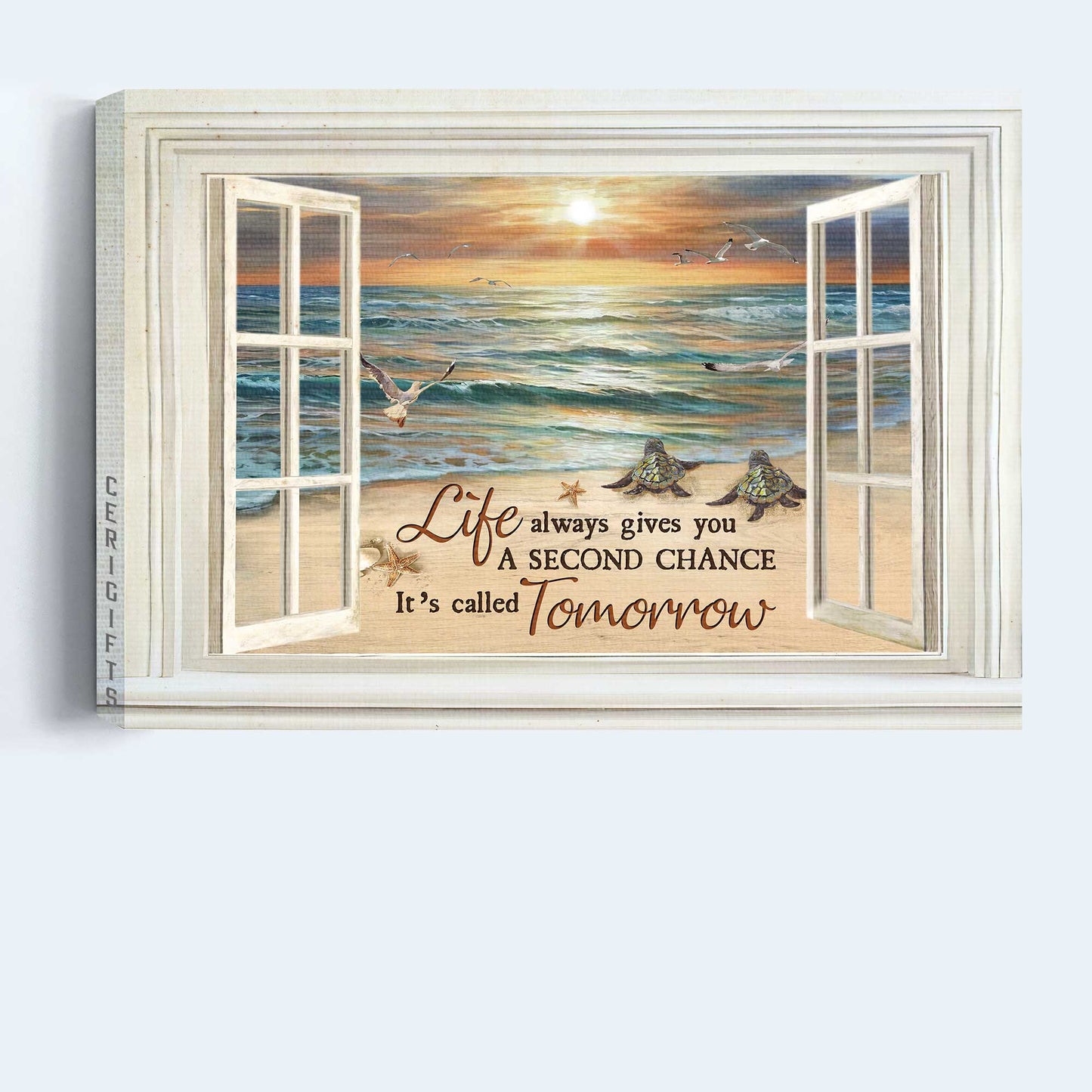 Jesus Landscape Canvas- Sea turtle, Seagull, Beach painting- Gift for Christian- Life always gives you a second chance - Landscape Canvas Prints, Christian Wall Art