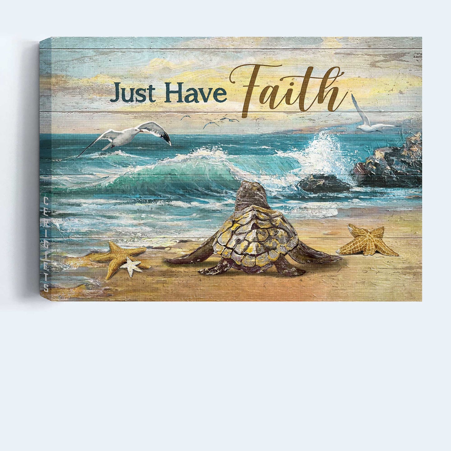 Jesus Landscape Canvas- Sea turtle, Starfish, Gull, Blue beach, Just have faith canvas- Gift for Christian - Landscape Canvas Prints, Christian Wall Art