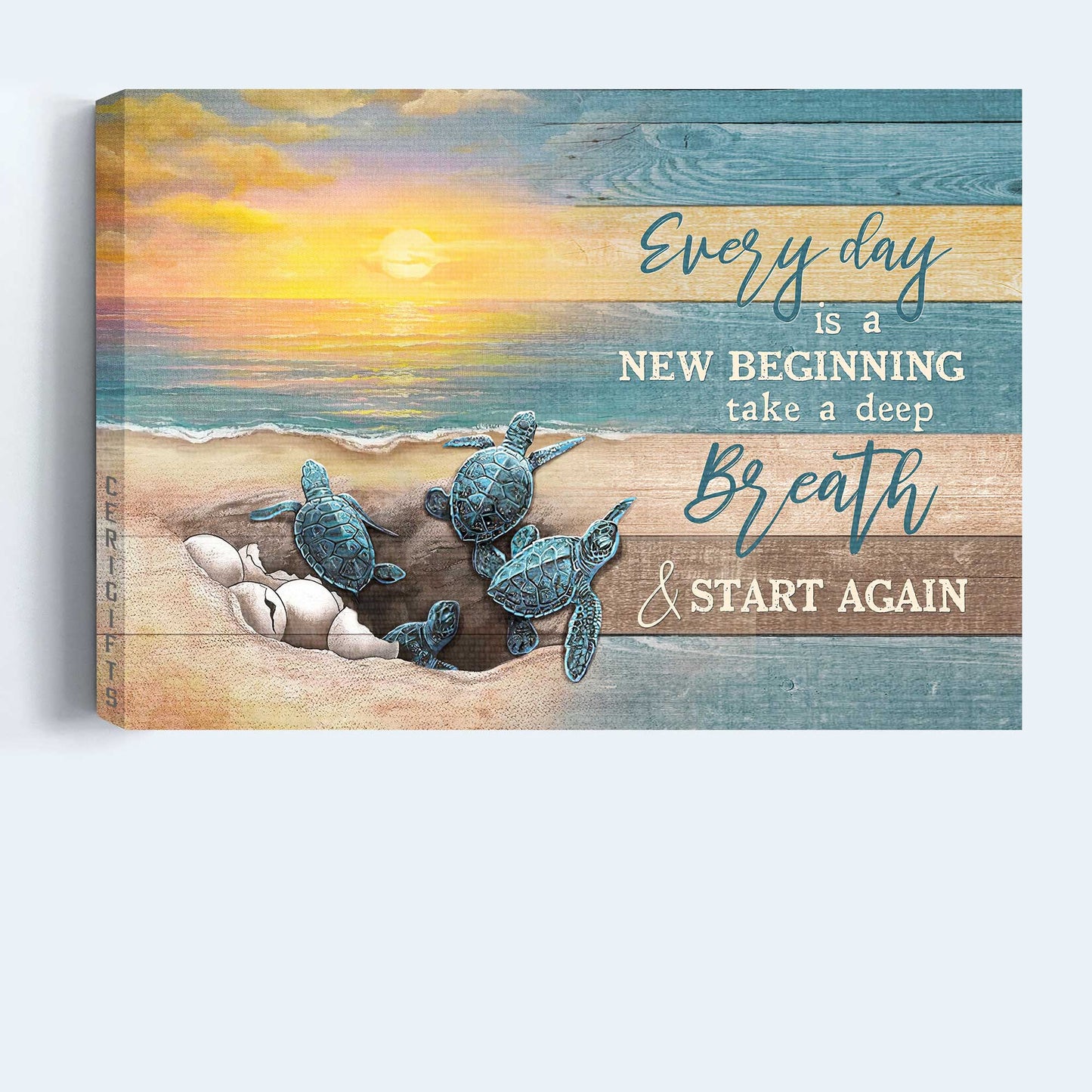 Jesus Landscape Canvas- Sea turtle, Sunrise on the beach- Gift for Christian- Everyday is a new beginning - Landscape Canvas Prints, Christian Wall Art