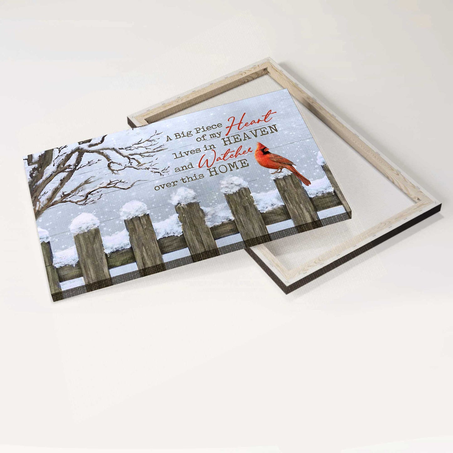 Memorial Landscape Canvas- Snow fence, Red cardinal- Gift for members family- A big piece of my heart lives in heaven - Heaven Landscape Canvas Prints, Wall Art