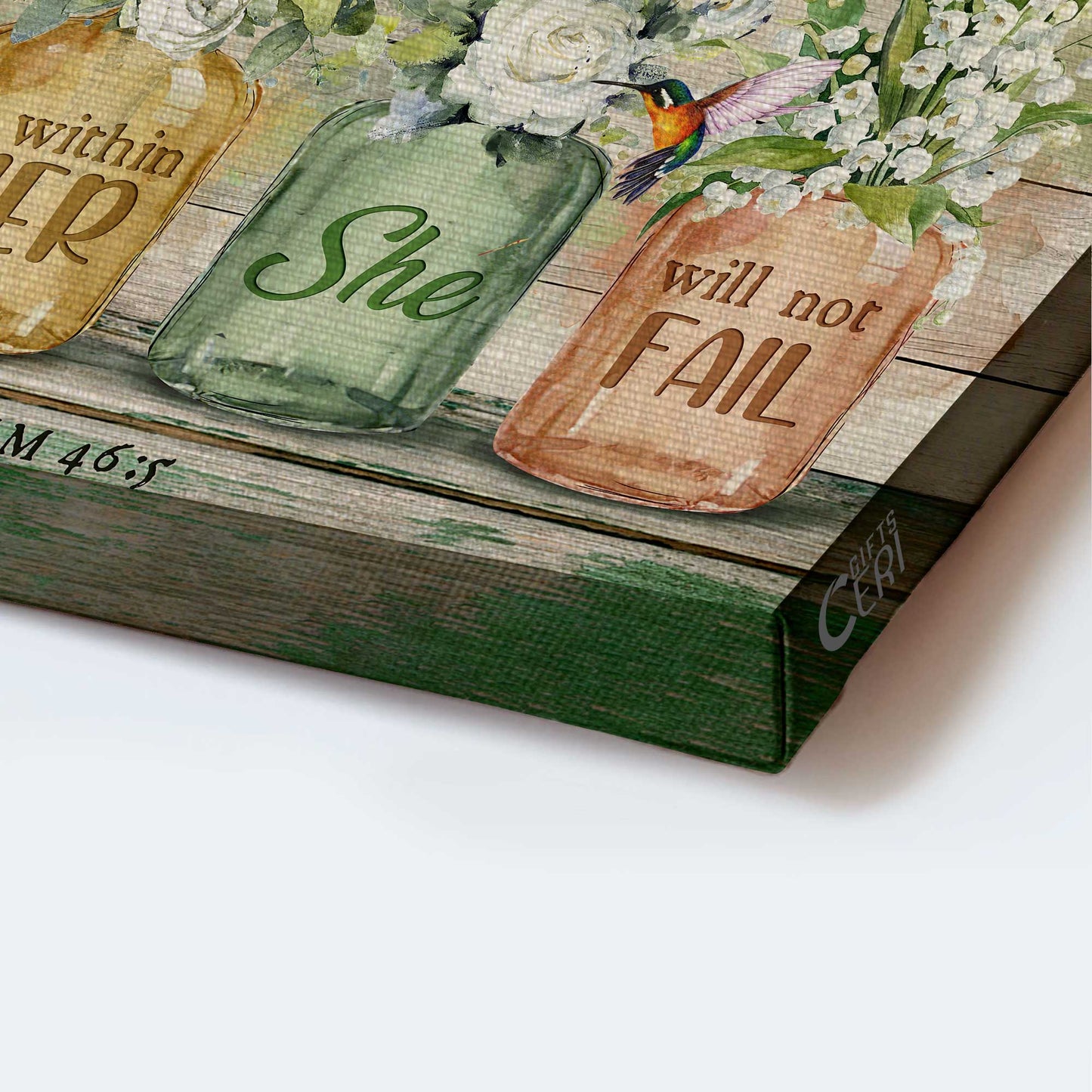 Jesus Landscape Canvas- Amazing Hummingbird, Gorgeous Flower Jar, White Flower Landscape Canvas- Gift For Christian- God Is Within Her, She Will Not Fail