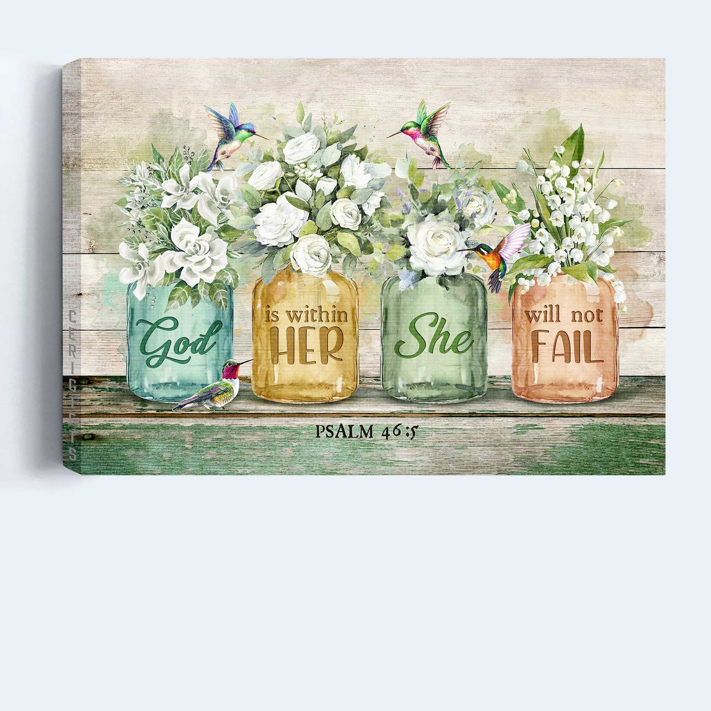 Jesus Landscape Canvas- Amazing Hummingbird, Gorgeous Flower Jar, White Flower Landscape Canvas- Gift For Christian- God Is Within Her, She Will Not Fail