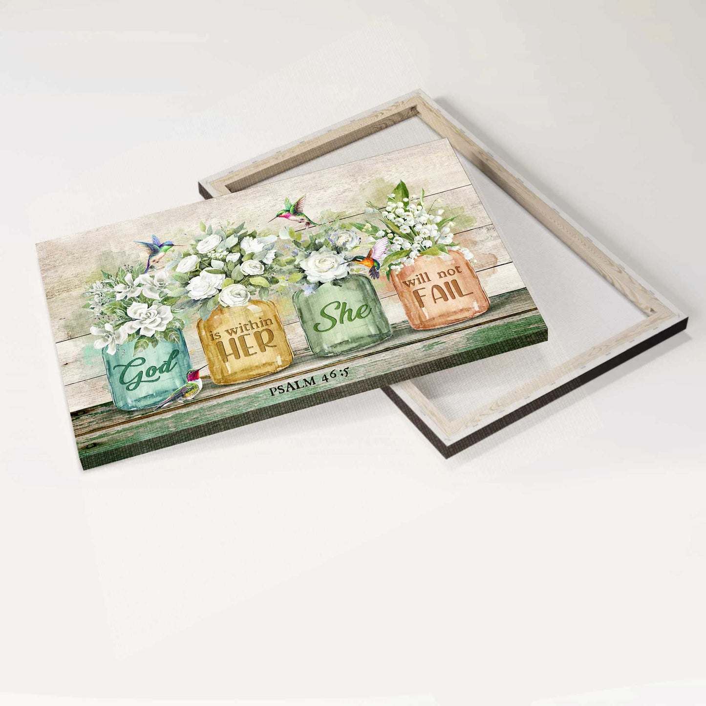 Jesus Landscape Canvas- Amazing Hummingbird, Gorgeous Flower Jar, White Flower Landscape Canvas- Gift For Christian- God Is Within Her, She Will Not Fail