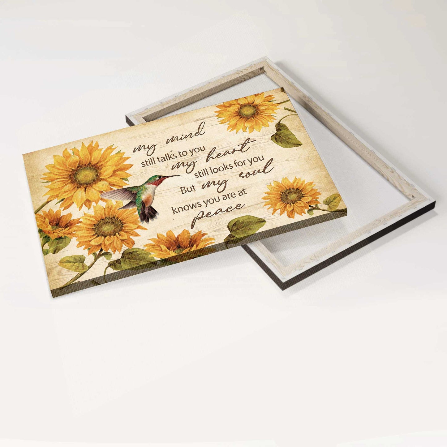 Memorial Landscape Canvas - Heaven, Sunflower Pattern, Colorful Hummingbird Canvas - Memorial Gift For Family Members - My Soul Knows You Are At Peace
