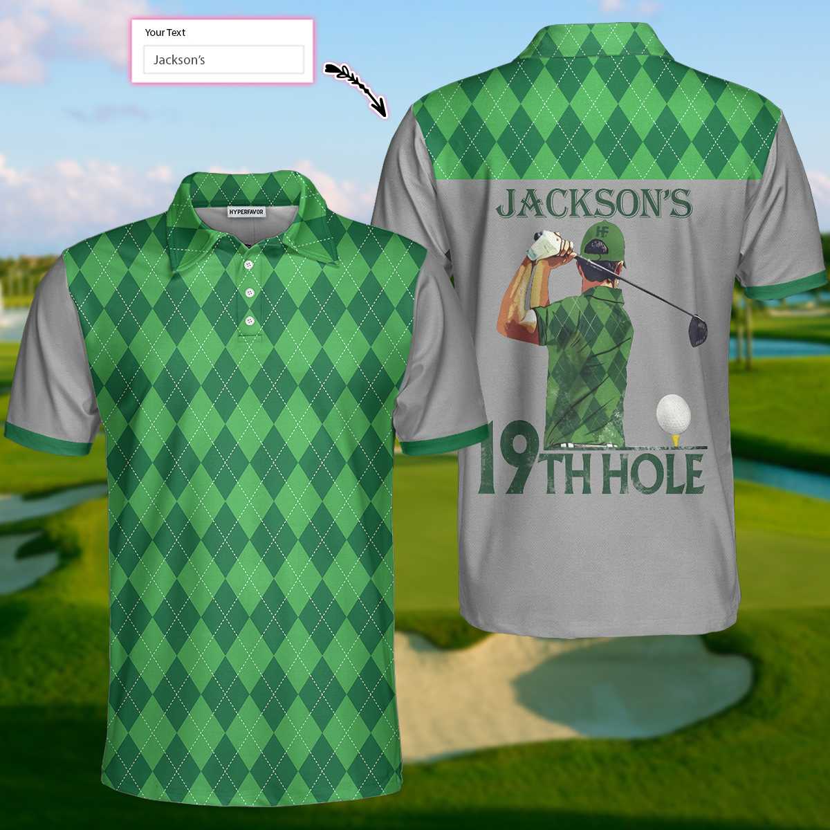 19th Hole Custom Men Polo Shirt, Green Argyle Pattern Golf Shirt For Men, Personalized Golf Gift For Golfers