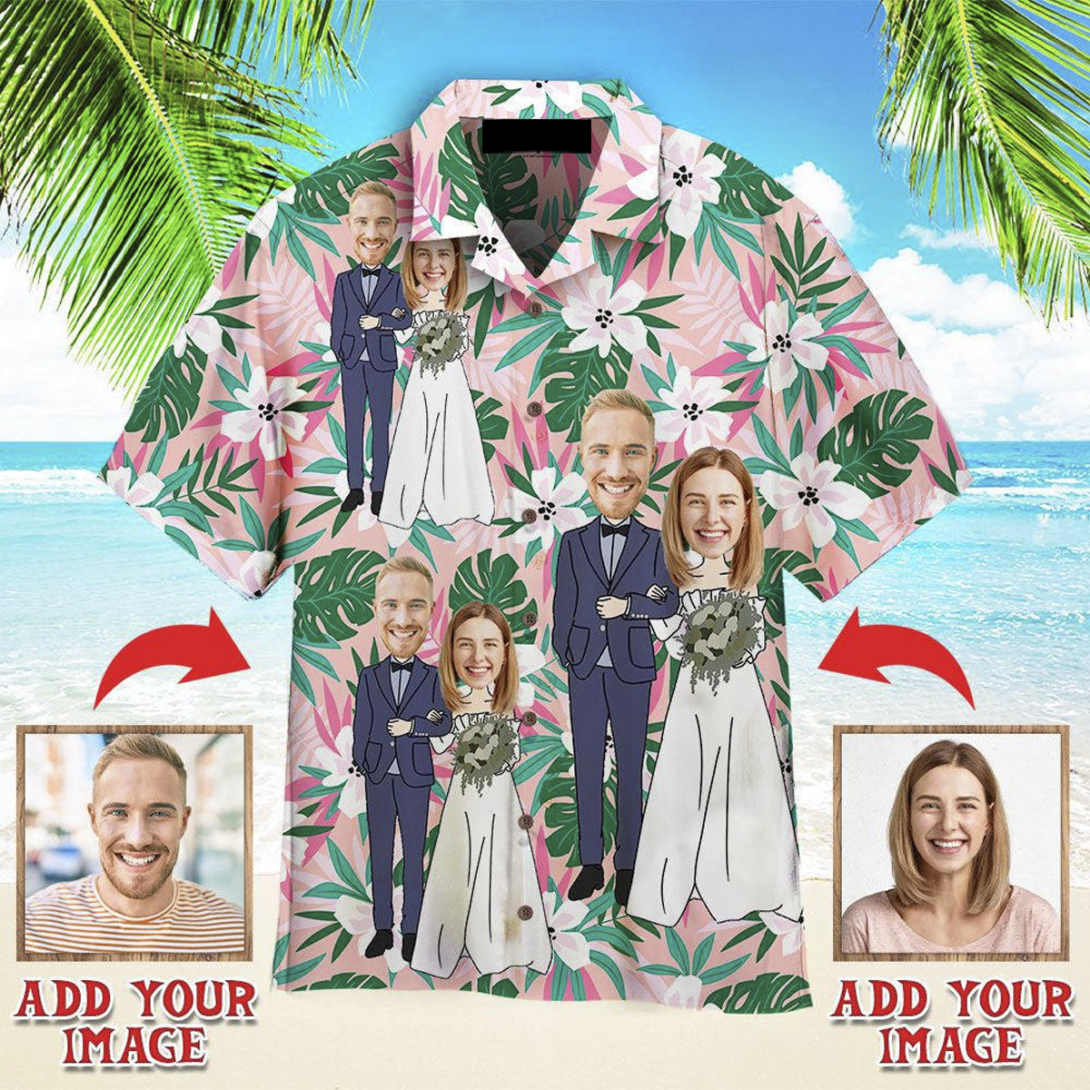 Funny Custom Face Happy Wedding Couple Flower On Pink Tropical Custom Hawaiian Shirt, Personalized Hawaiian Shirts, Custom Photo Hawaiian Shirt