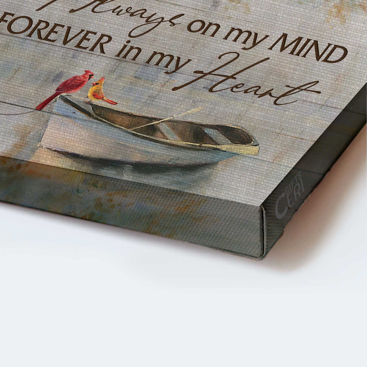 Memorial Landscape Canvas- Beautiful lake, Watercolor cardinal, Boat painting canvas- Gift for members family- Always on my mind, Forever in my heart