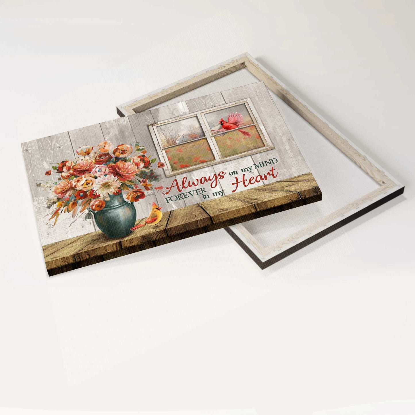 Memorial Landscape Canvas- Brilliant rose flower, Red cardinal, Vintage window canvas- Gift for Christian- Always on my mind