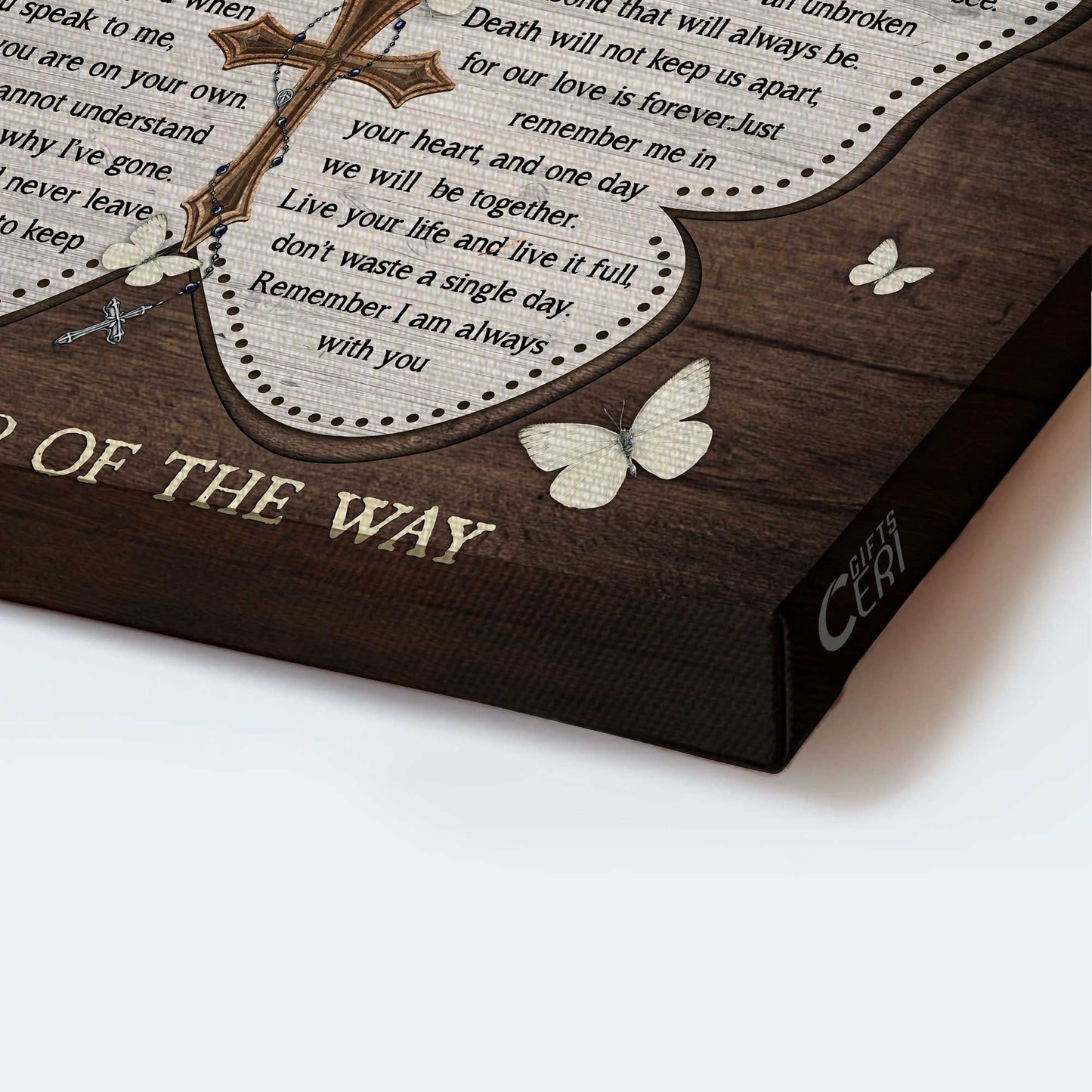 Memorial Landscape Canvas- White butterfly, Wooden background, The holy cross canvas- Gift for members family- I never left you