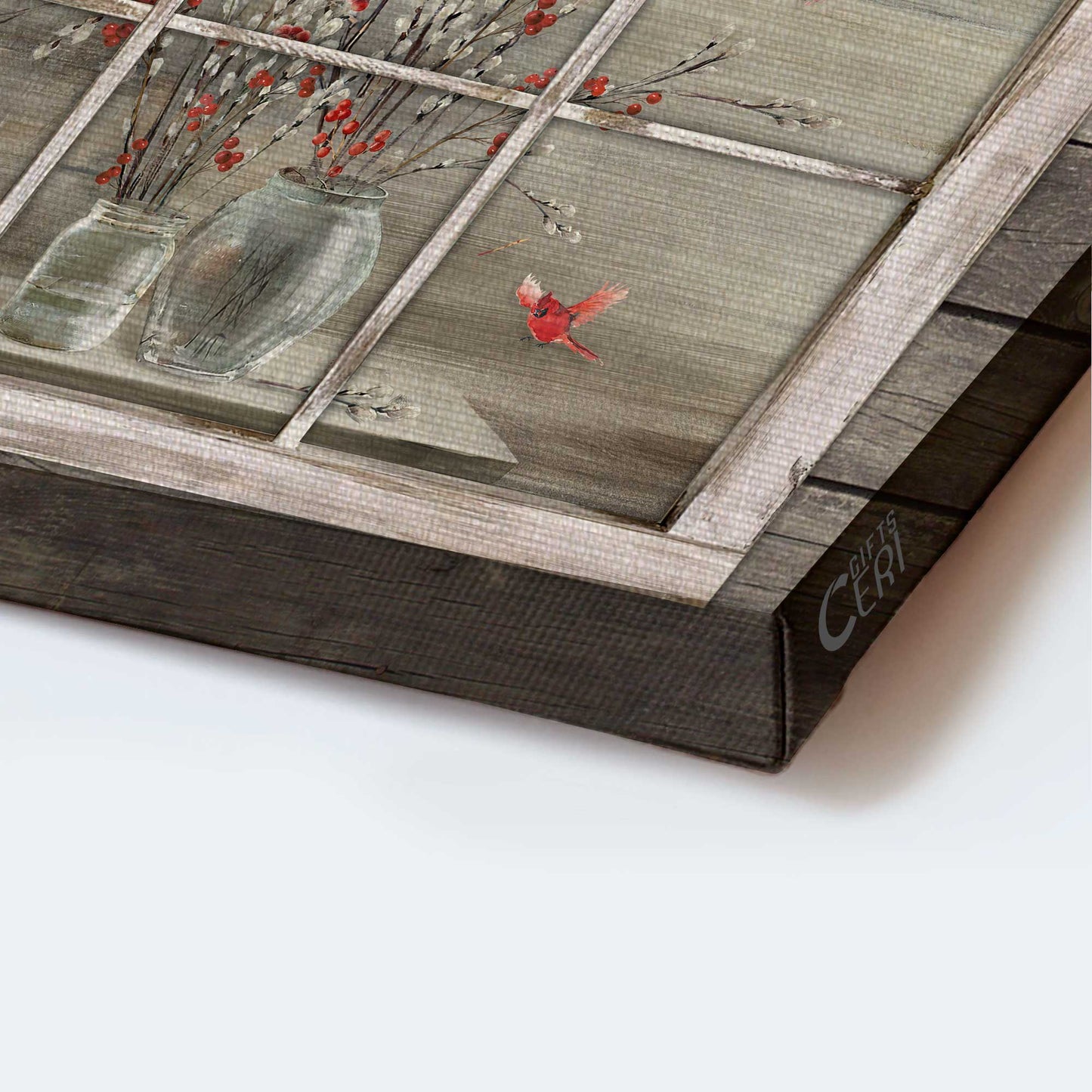 Memorial Landscape Canvas- Baby Flower Vase, Red Cardinal, Antique Window, Heaven Landscape Canvas- Gift For Members Family