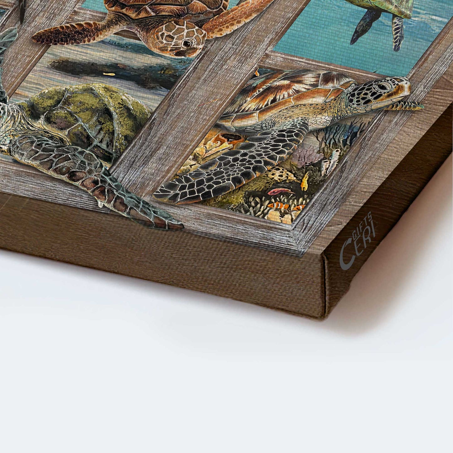 Turtle Landscape Canvas - Turtle Painting, Window Frame, Ocean World Canvas - Gift For Christian - Beautiful Coral Reef Canvas