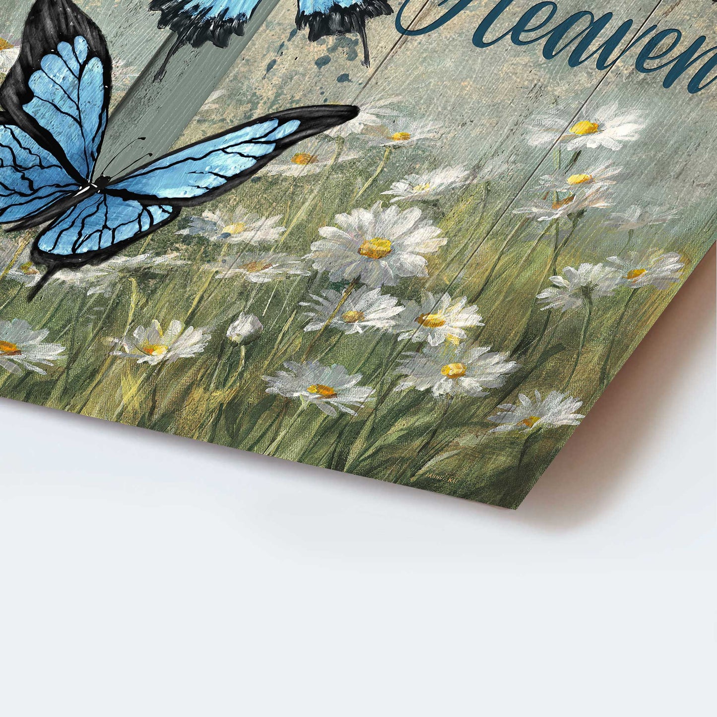Memorial Portrait Canvas- Blue butterfly, Cross symbol, Daisy field- Gift for members family- A big piece of my heart lives in heaven - Heaven Portrait Canvas Prints, Wall Art