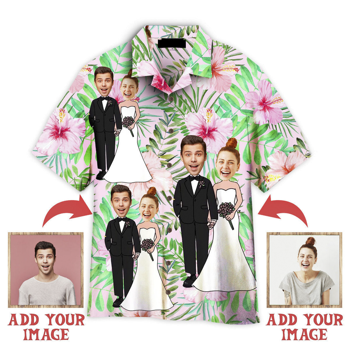 Funny Custom Face Happy Wedding Couple On Tropical Flowers Custom Hawaiian Shirt, Personalized Hawaiian Shirts, Custom Photo Hawaiian Shirt