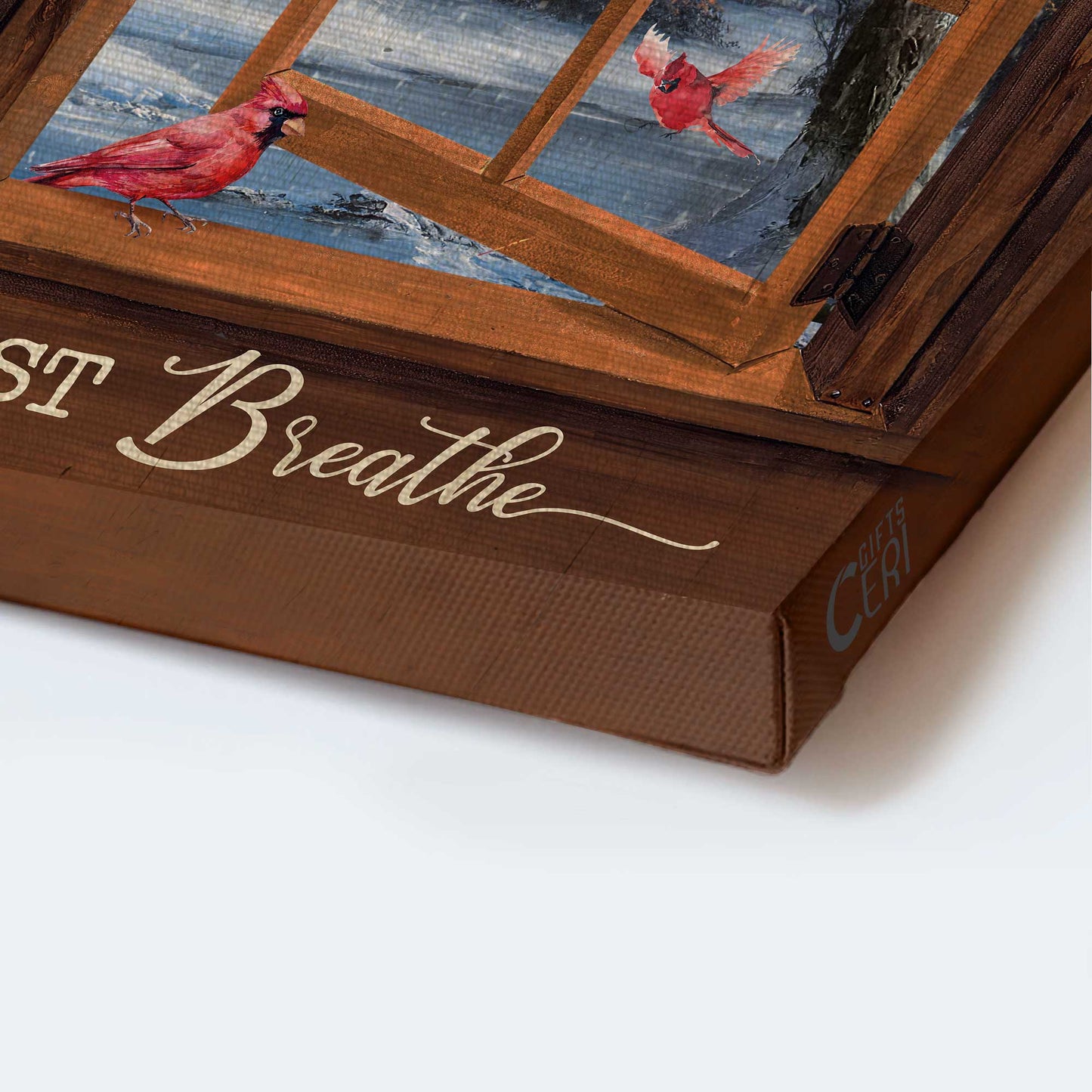 Memorial Portrait Canvas- Blue night, Red cardinal drawing, Wooden window, White snow, Just breathe - Gift for members family- Heaven Portrait Canvas Prints, Wall Art