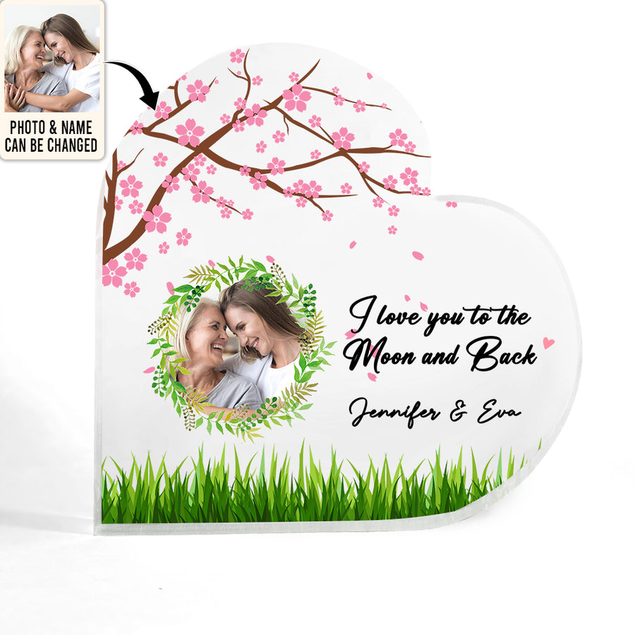 Mother's Day Mom And Daughter Love Moon And Back Custom Photo - Heart Shaped Acrylic Plaque - Personalized Photo Gifts For Mother, Mom, Mama