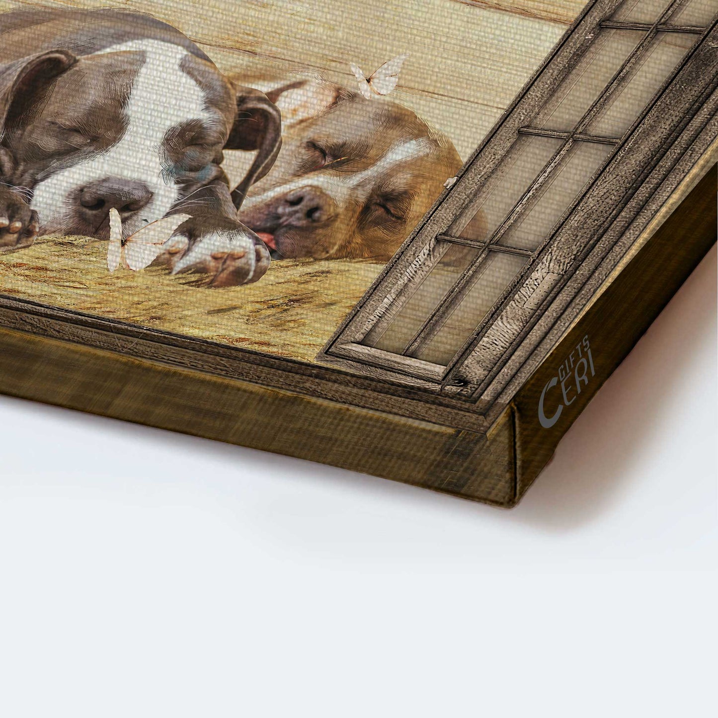 Pit bull Landscape Canvas- Sleeping Pitbull, Window, White butterfly- Gift for dog lover- Give it to God and go to sleep - Landscape Canvas Prints, Wall Art