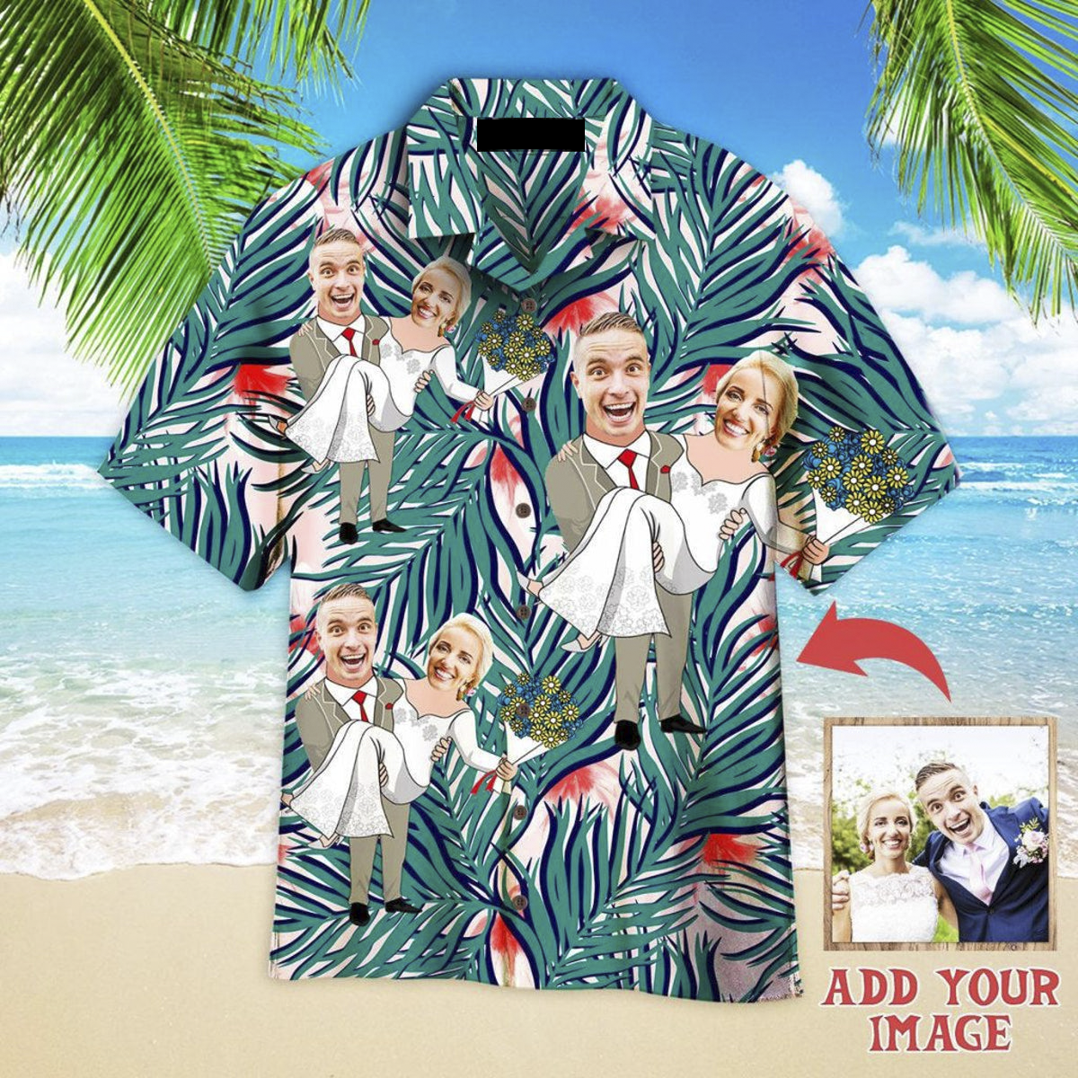 Funny Custom Face Happy Wedding Couple Costume On Tropical Custom Hawaiian Shirt, Personalized Hawaiian Shirts, Custom Photo Hawaiian Shirt